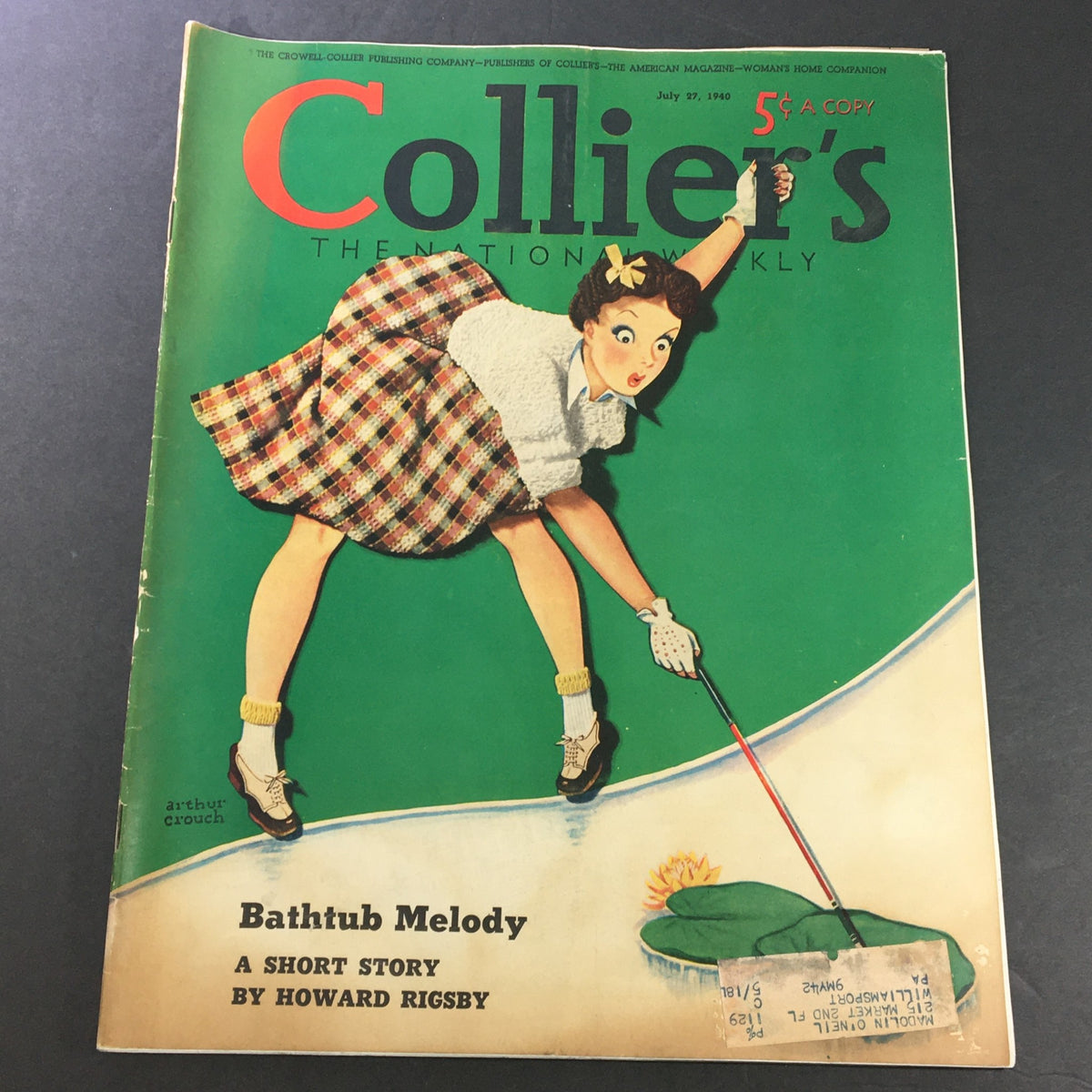 Cover of VTG Collier's Magazine from July 27, 1940, featuring the story 'The Golden Horse' by Frank J. Taylor, showcasing a vintage illustration of a girl in a checkered skirt with a golf club.