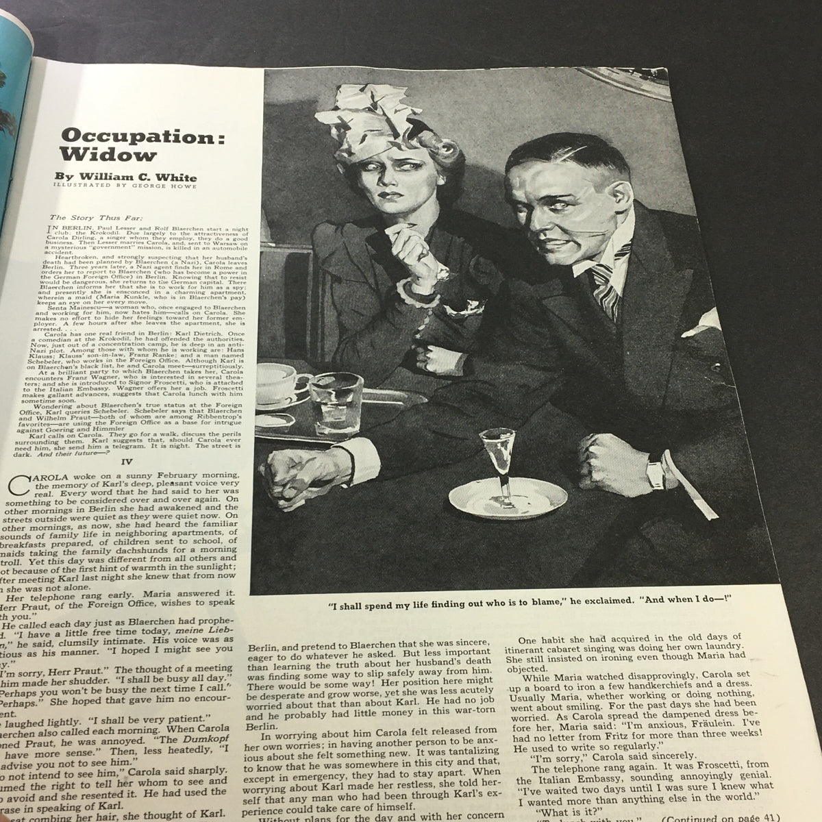 Page from VTG Collier's Magazine July 27 1940 titled 'Occupation: Widow' by William C. White, illustrating a dramatic scene of a couple at a table.