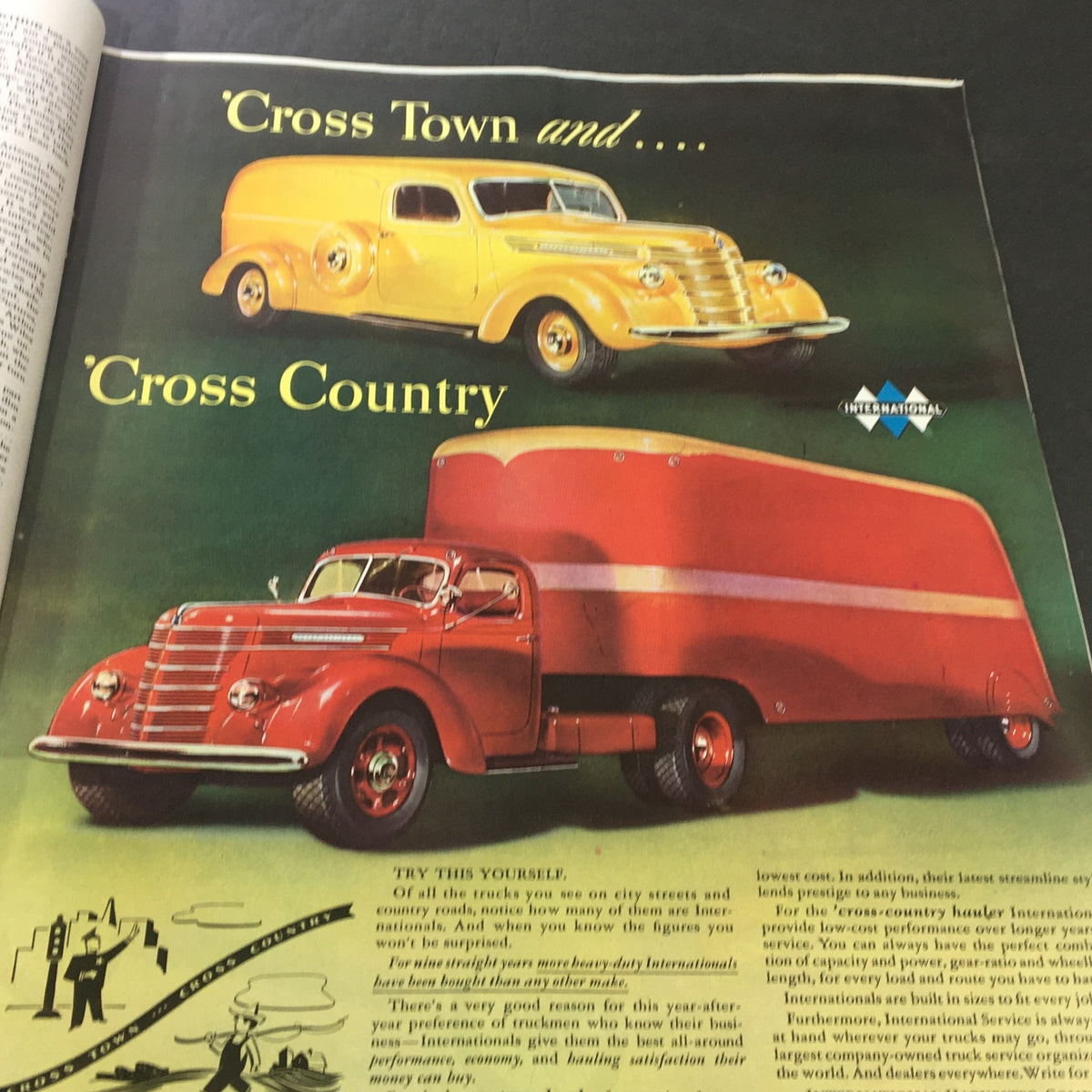 Advertisement page from VTG Collier's Magazine July 27 1940 featuring two classic vehicles with the tagline 'Cross Town and Cross Country'.