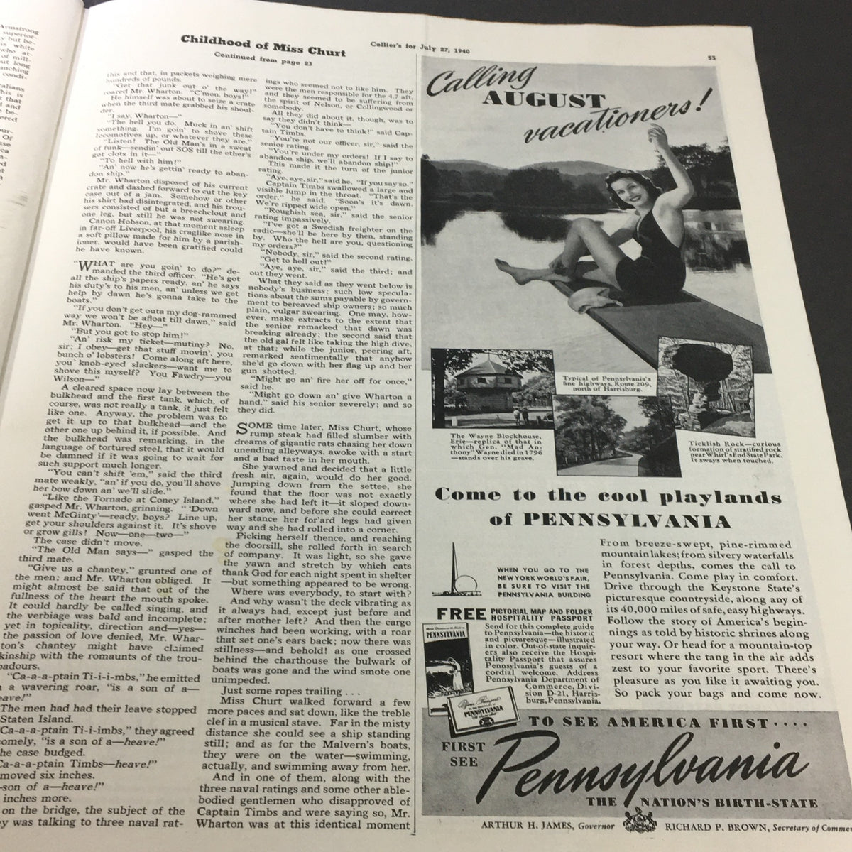 Article page from VTG Collier's Magazine July 27 1940 titled 'Childhood of Miss Churt,' discussing nostalgic themes of youth and experiences.