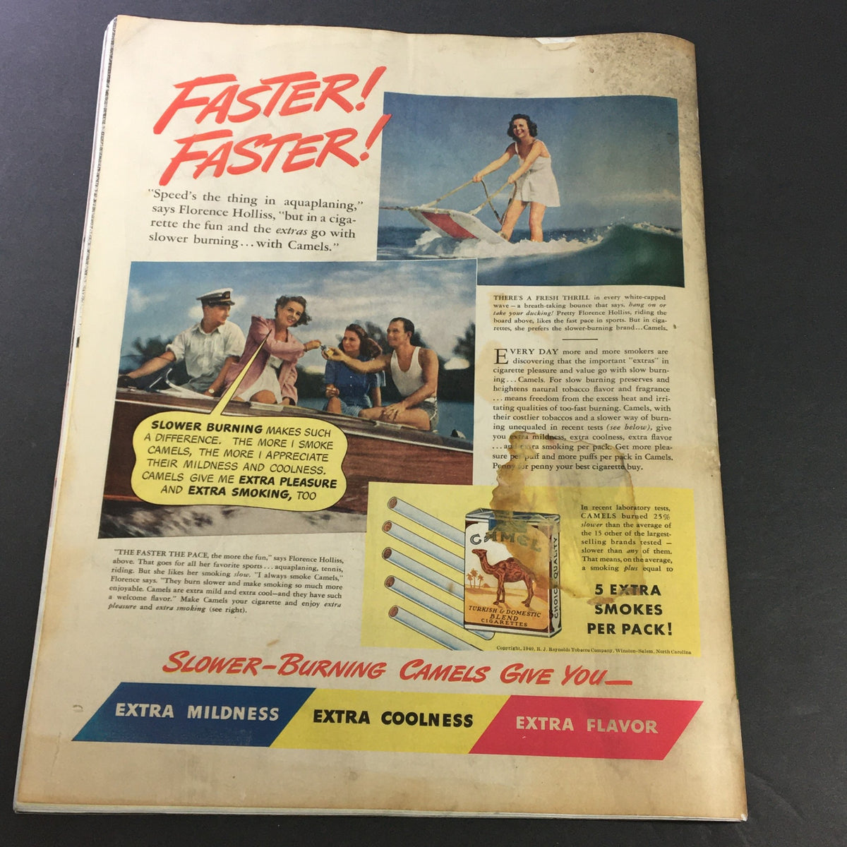 Back cover of VTG Collier's Magazine July 27 1940 featuring a vintage advertisement for Camels cigarettes promoting slower burning and extra pleasure.