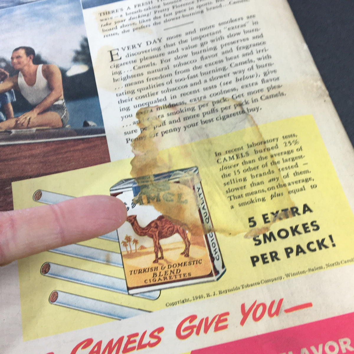 Detail view from VTG Collier's Magazine July 27 1940 focusing on a Camel cigarette advertisement, highlighting the extra smokes per pack offer.