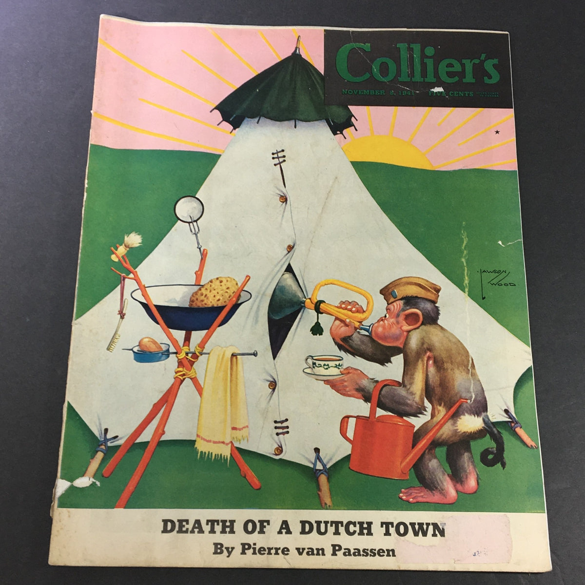 Cover of VTG Collier's Magazine from November 8, 1941, featuring the title "Death of a Dutch Town" by Pierre van Paassen. The illustration shows a playful monkey interacting with cooking equipment near a tent, set against a colorful background with sun rays.