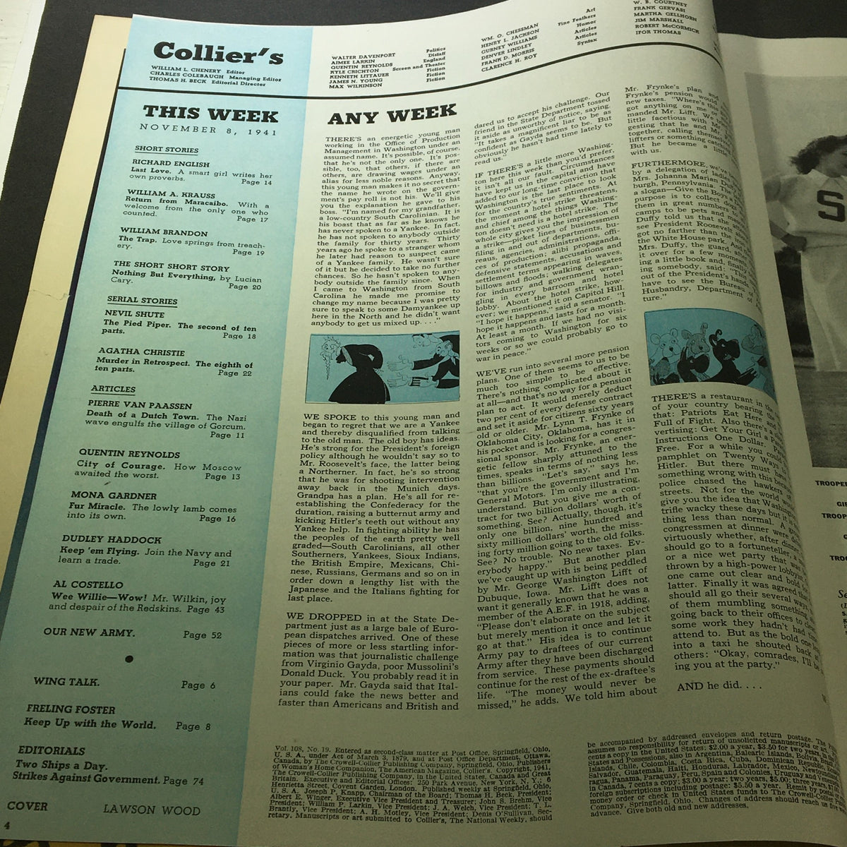 Inside page of VTG Collier's Magazine dated November 8, 1941, featuring the table of contents with listings including the article 'Death of a Dutch Town' by Pierre van Paassen.