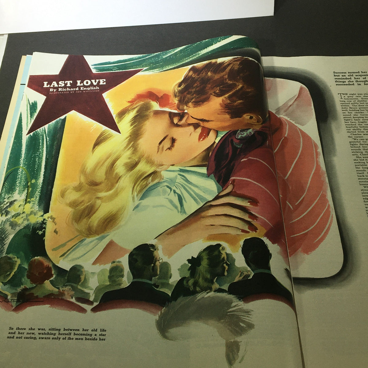 Illustrative page from VTG Collier's Magazine November 8, 1941, titled 'Last Love' showcasing vibrant artwork, depicting a romantic scene between two characters.