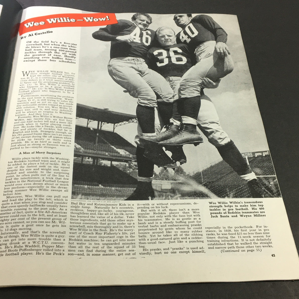 VTG Collier's Magazine November 8 1941, featuring an article titled 'Wee Willie - Wow!' by Al Costello, showing a vintage black and white photograph of football players.