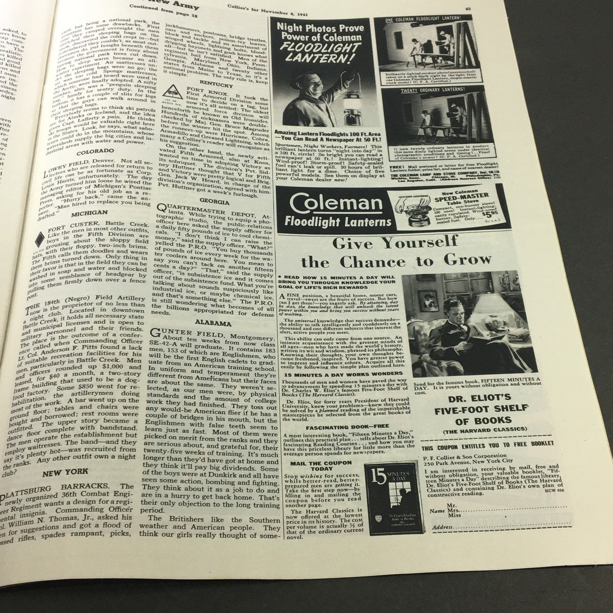VTG Collier's Magazine November 8 1941 featuring a detailed section on the US Army, listing various military installations and advertisements.