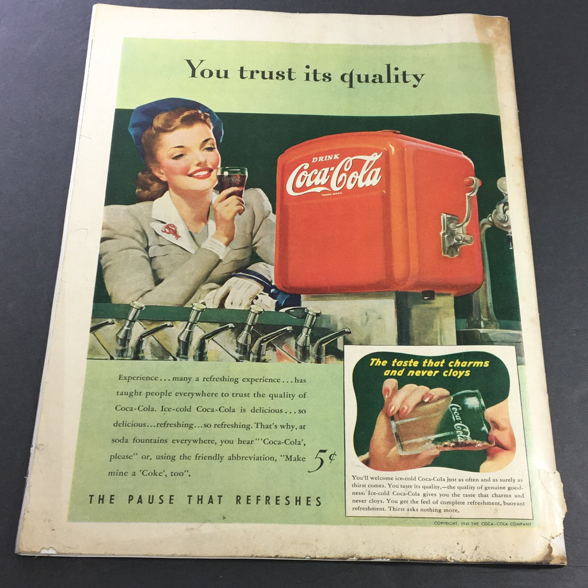 VTG Collier's Magazine November 8 1941 showing an advertisement for Coca-Cola, depicting a woman enjoying a drink, emphasizing quality and refreshment.