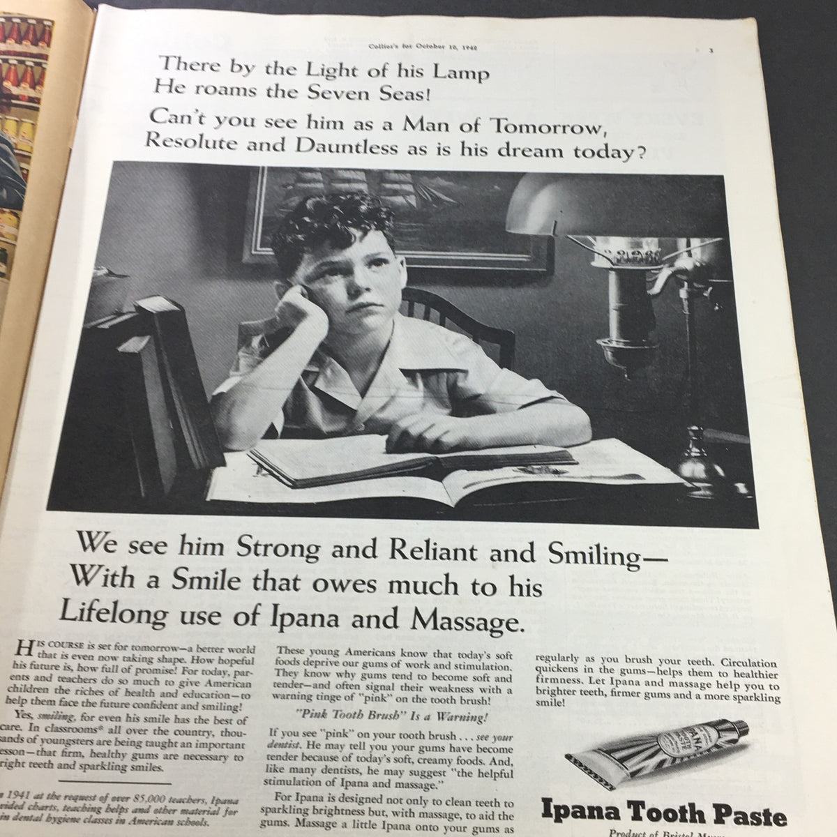 Interior page of VTG Collier's Magazine, October 10, 1942, displaying a vintage advertisement featuring a young boy studying under a lamp, promoting Ipana Tooth Paste.