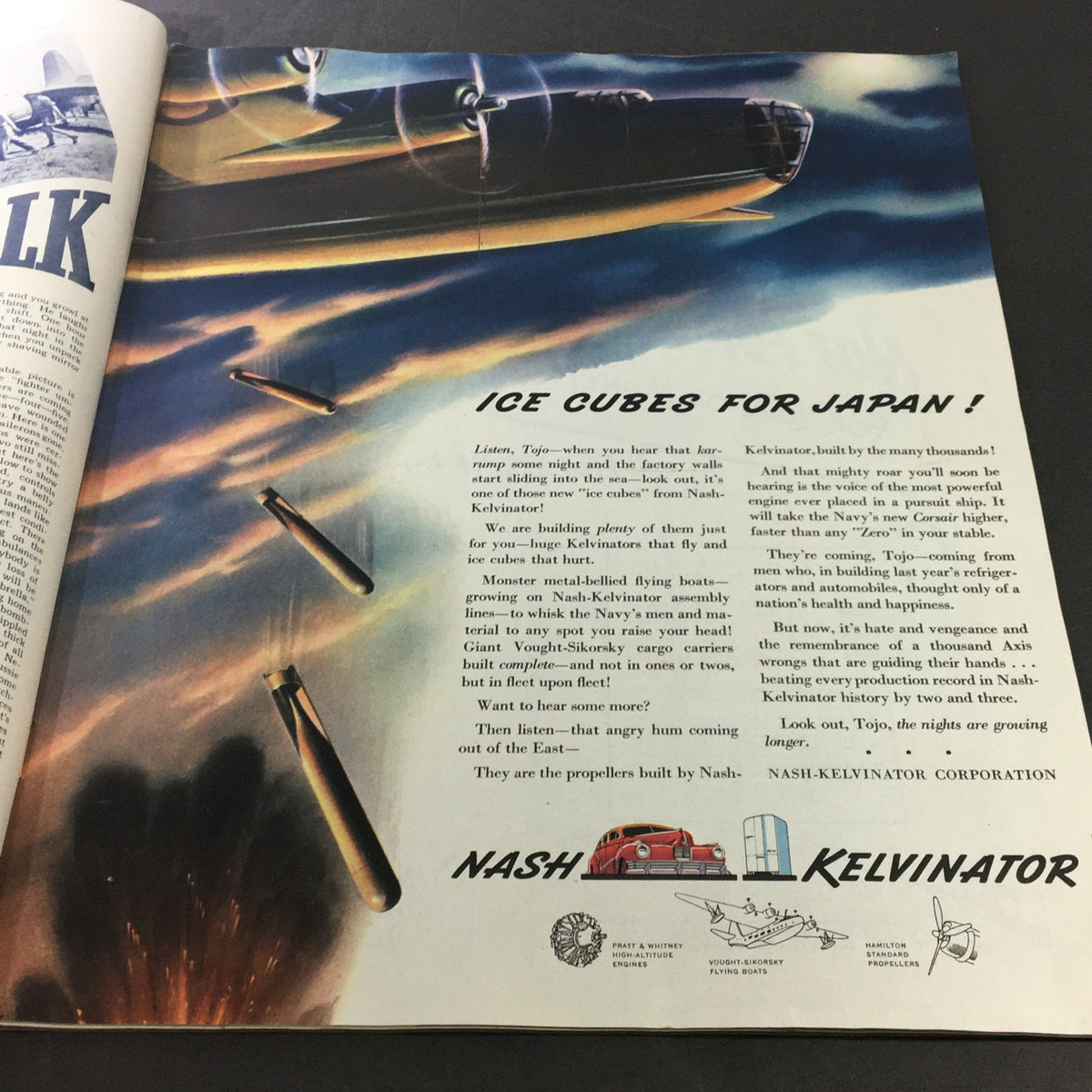 Interior page of VTG Collier's Magazine, October 10, 1942, showcasing an advertisement titled 'Ice Cubes for Japan!' with a colorful illustration of bombs falling.