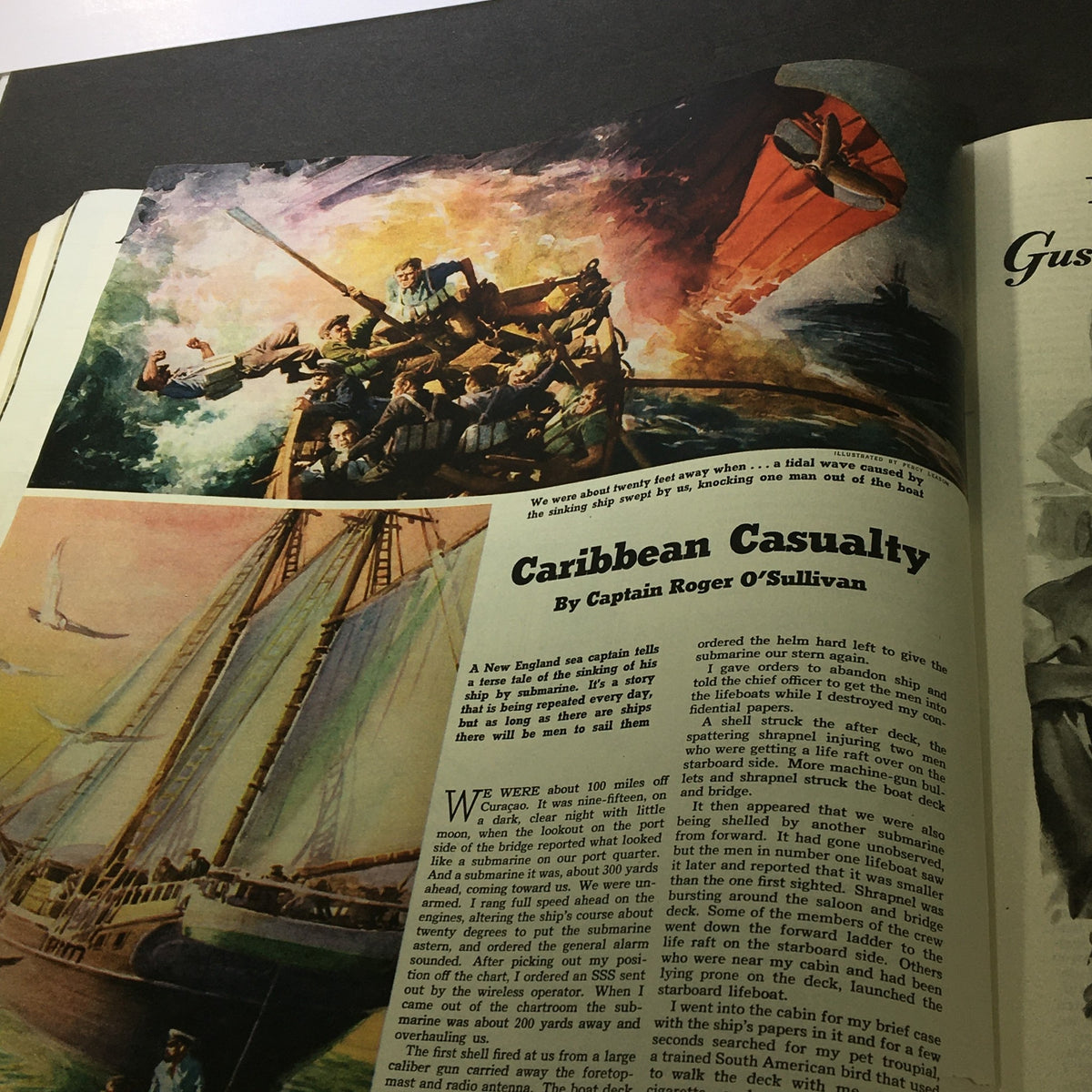 Colorful image from VTG Collier's Magazine October 10 1942 titled 'Caribbean Casualty', showcasing a dramatic maritime scene with sailors in action during a crisis, reflecting on historical maritime narratives.