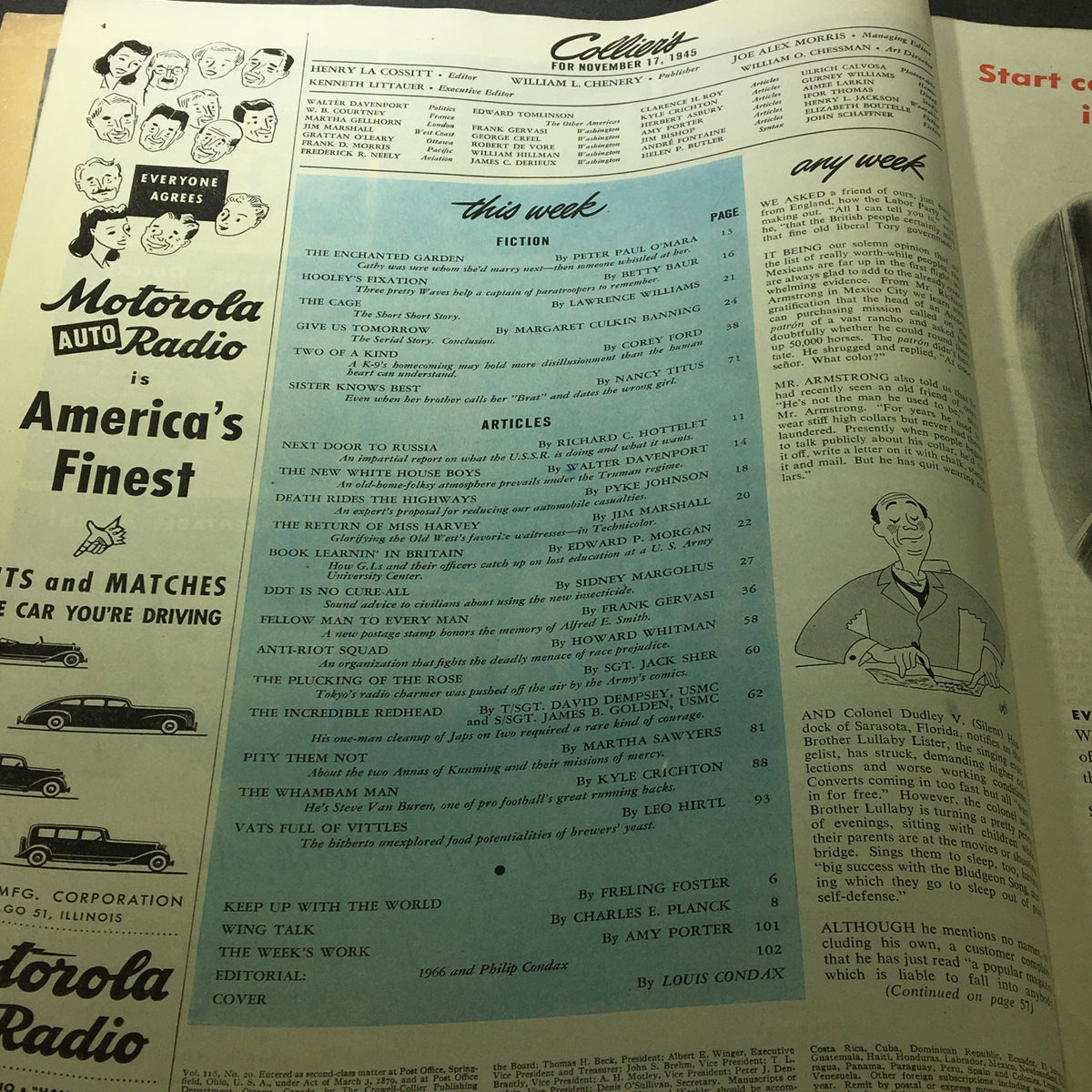 Interior page of VTG Collier's Magazine November 17 1945 listing articles including 'Next Door to Russia' by Richard C. Hottelet.