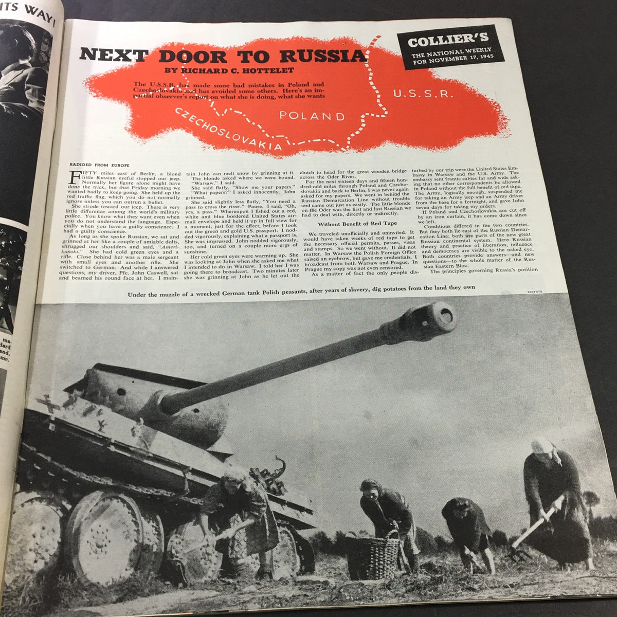 Page featuring the article 'Next Door to Russia' in the VTG Collier's Magazine November 17 1945, with historical context and a photograph of Polish peasants.