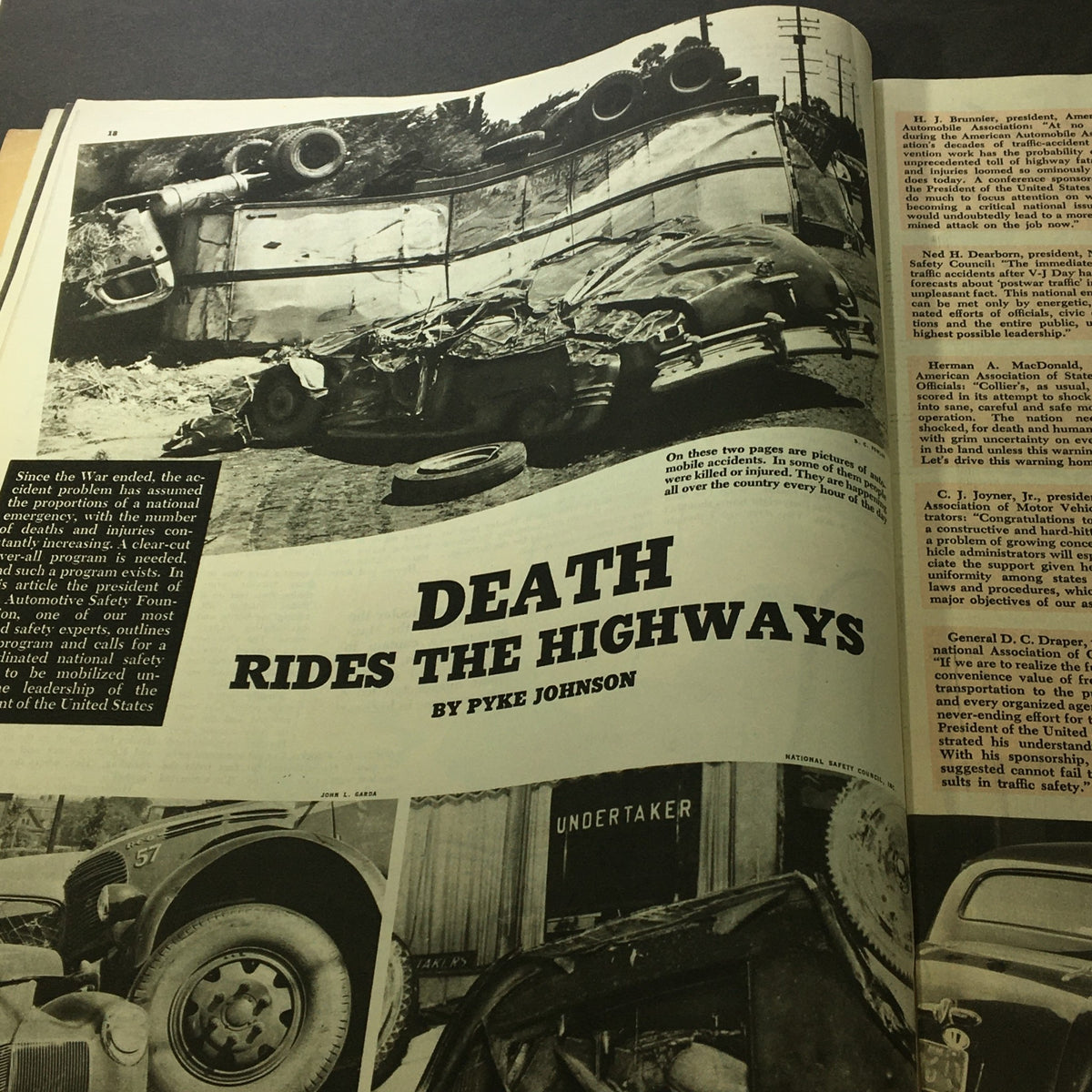 VTG Collier's Magazine November 17, 1945 - Article titled 'Death Rides the Highways' by Pyke Johnson discussing post-war traffic accidents and safety concerns.
