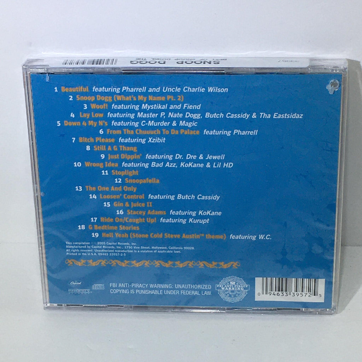 Back cover of The Best of Snoop Dogg Music Audio CD featuring a tracklist and details about the featured artists.