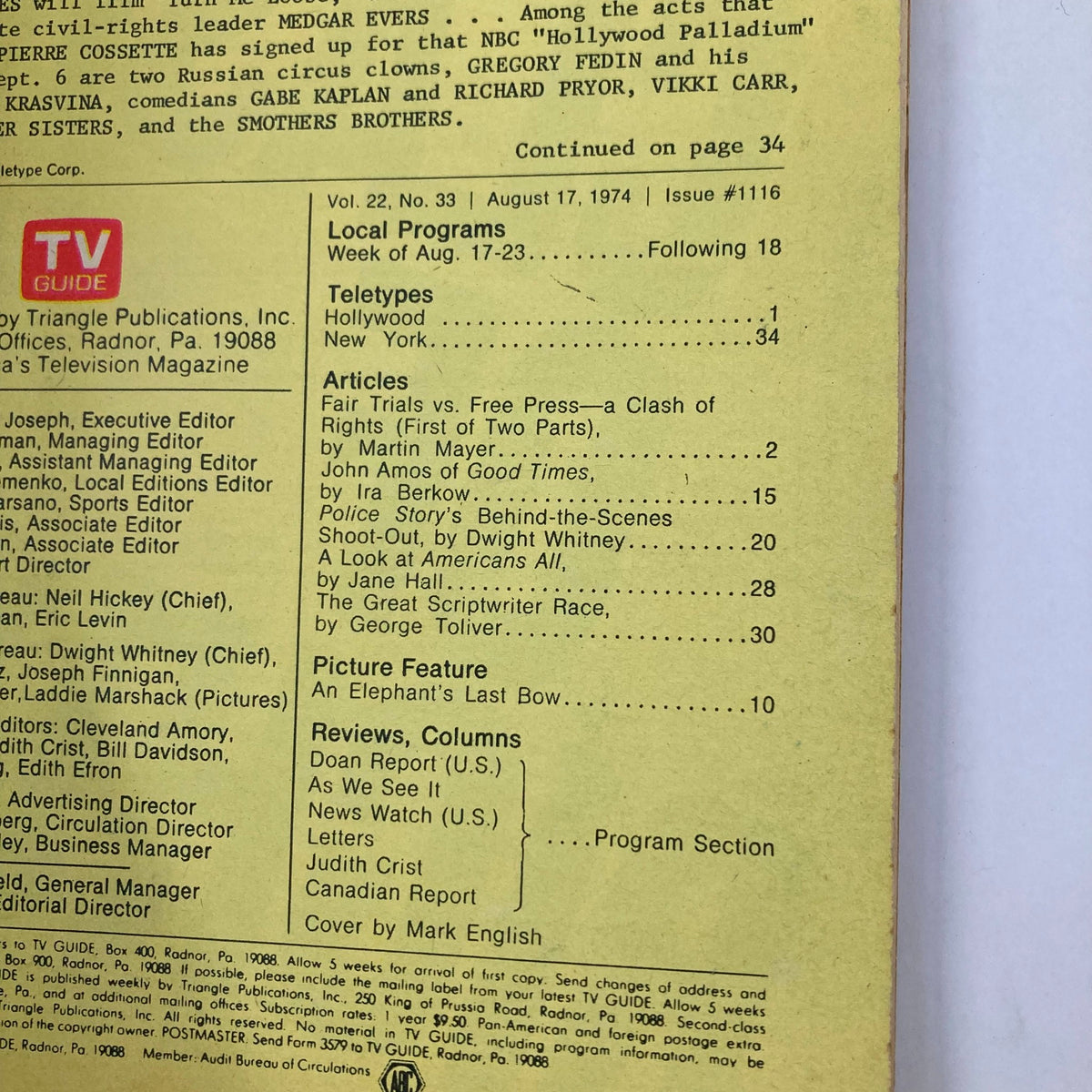 Back cover of TV Guide Magazine August 17 1974 #1116 detailing local programs and articles including features on Police Story and Fair Trials vs. Free Press.