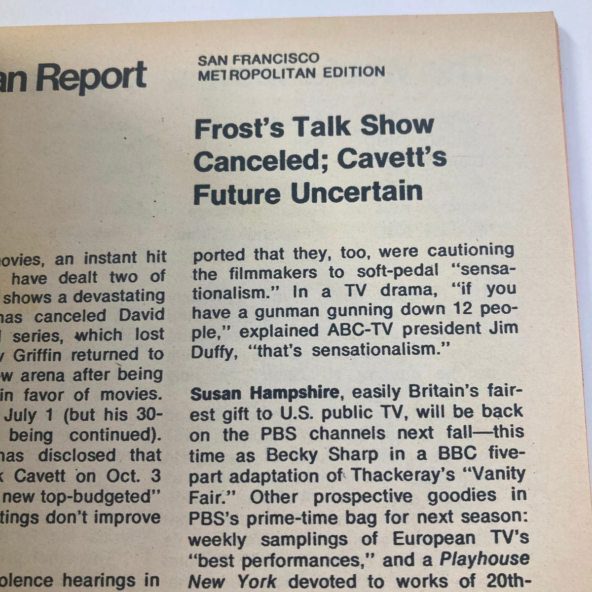 San Francisco Metropolitan Report section in TV Guide Magazine May 13 1972 #498, discussing television programming and notable TV events.