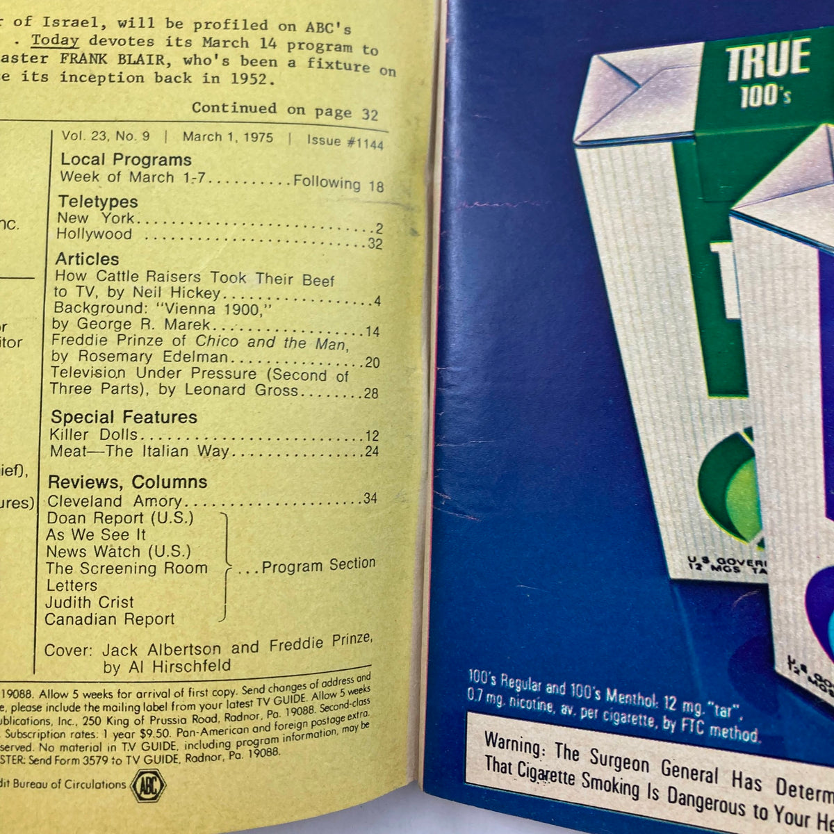 Image of the TV Guide Magazine March 1, 1975, issue #1144 featuring Jack Albertson and Freddie Prinze. The cover displays local program listings and articles on television history.