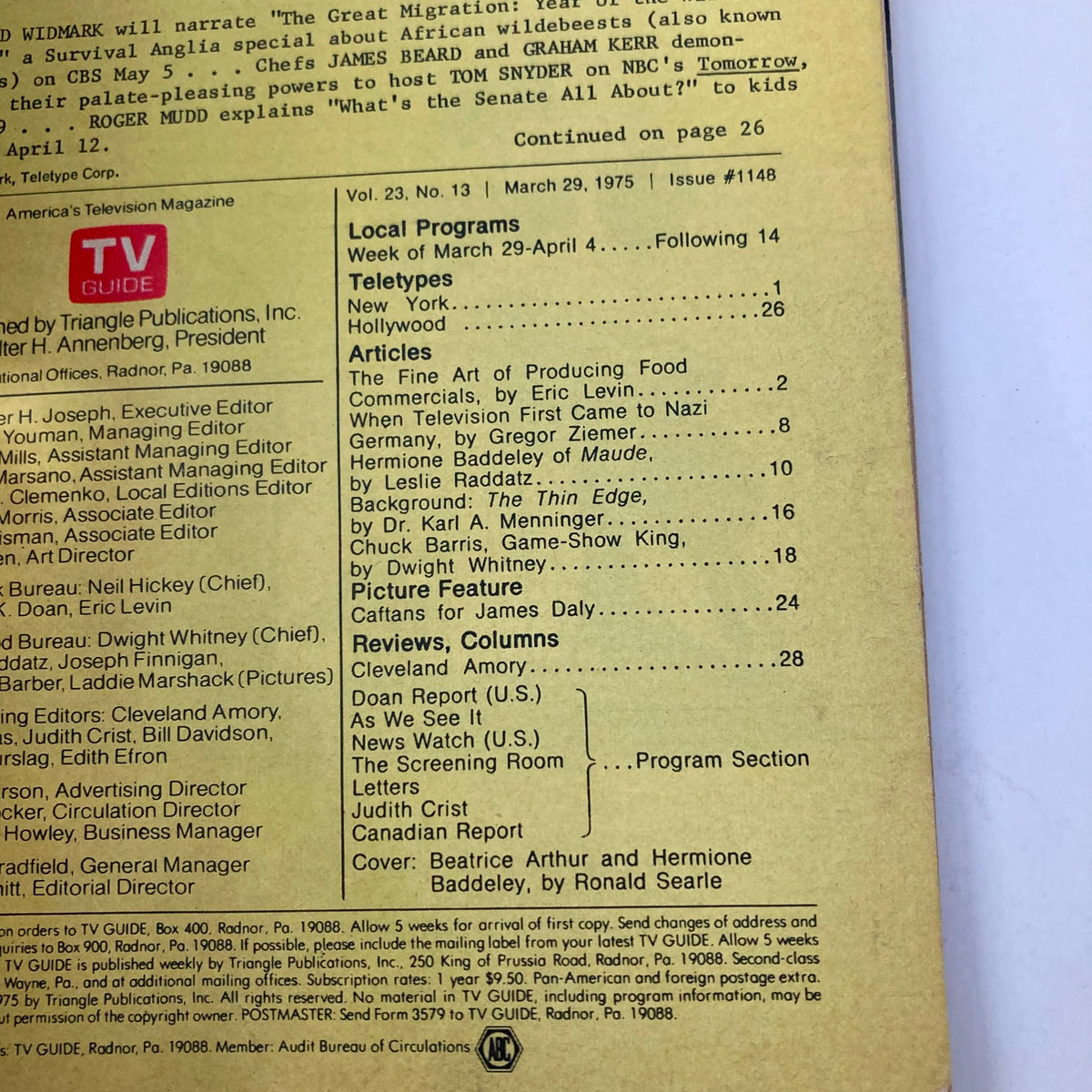 Back cover of TV Guide Magazine March 29 1975 #1148 displaying a table of contents and articles, including features on Bea Arthur and the television landscape of the mid-1970s.