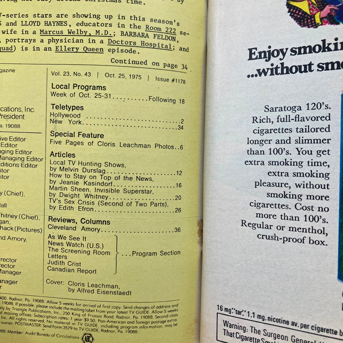 Interior page of TV Guide Magazine October 25 1975, issue #1178, highlighting articles and a special feature on Cloris Leachman with listings for local programs.