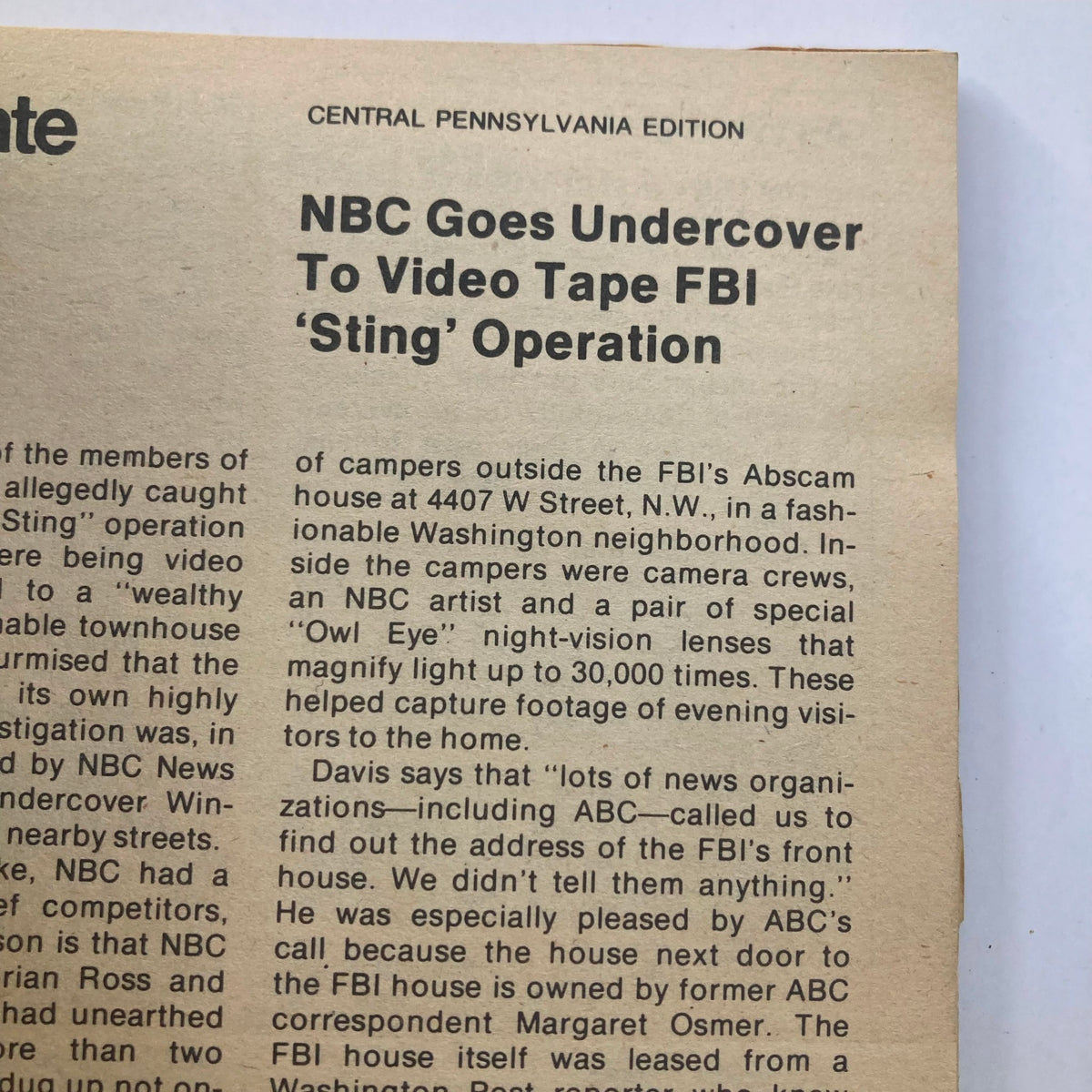 Inside page of TV Guide Magazine February 16, 1980, Central Pennsylvania Edition. The article discusses NBC's undercover investigation related to the FBI's Sting operation, featuring details about video recording techniques used during the operation.