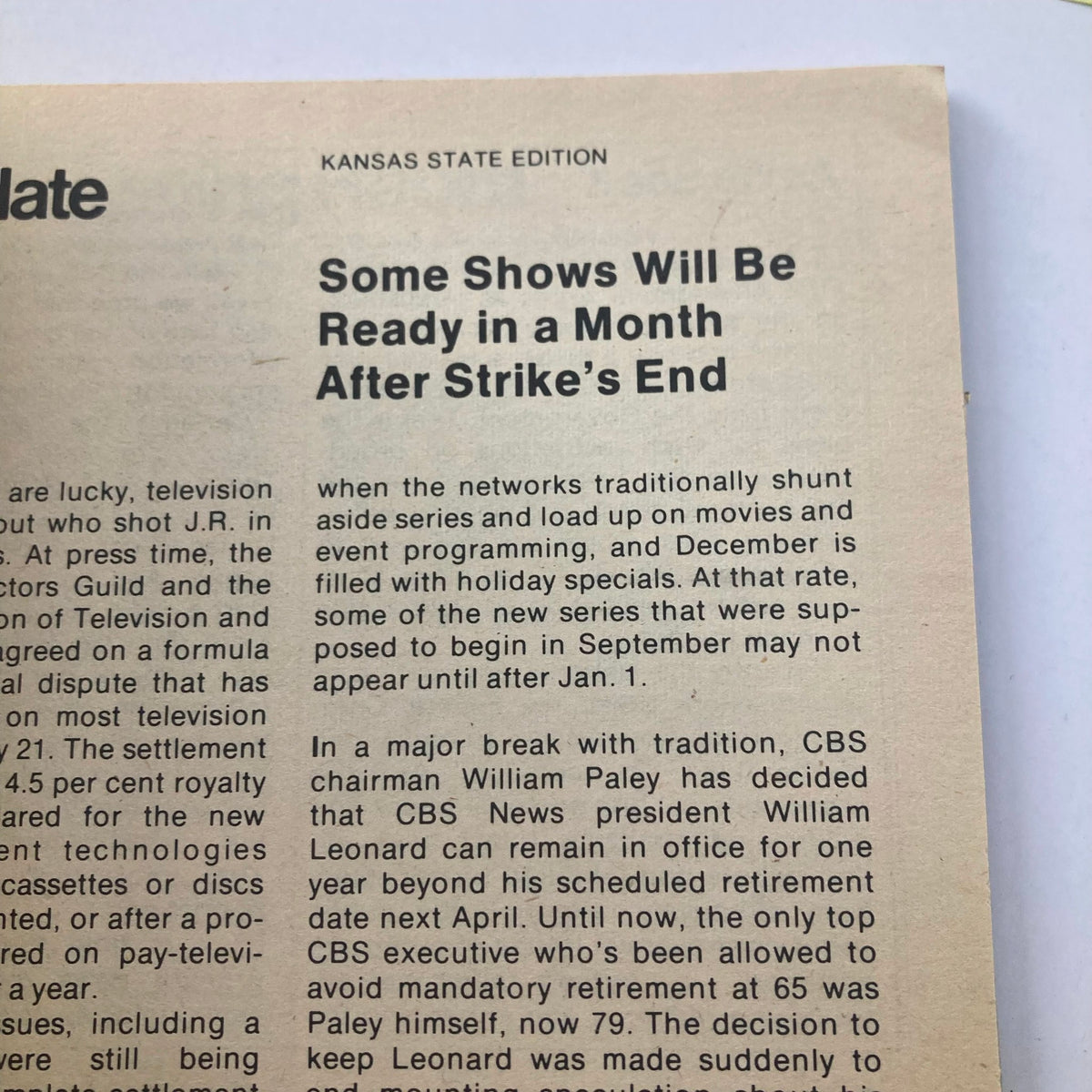 Inside page of the Kansas State edition of TV Guide Magazine from September 27, 1980, discussing television programming updates related to network shows and a strike affecting production.