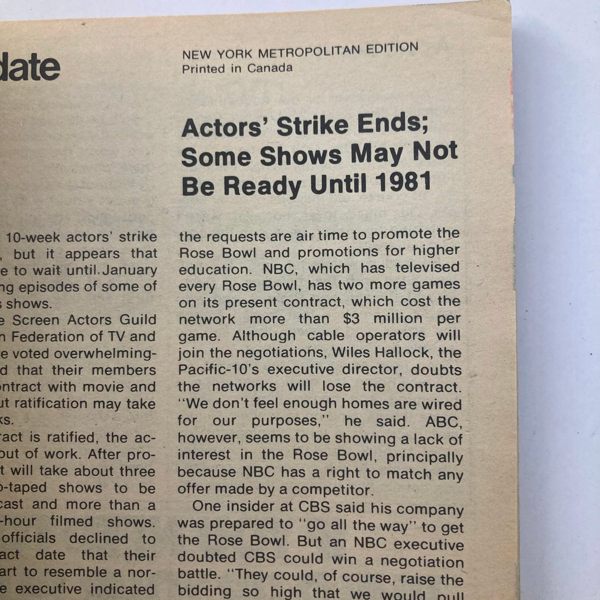 Inner page of TV Guide Magazine dated October 11, 1980, discussing the impact of the actors' strike on television programming, printed in the New York Metropolitan edition.