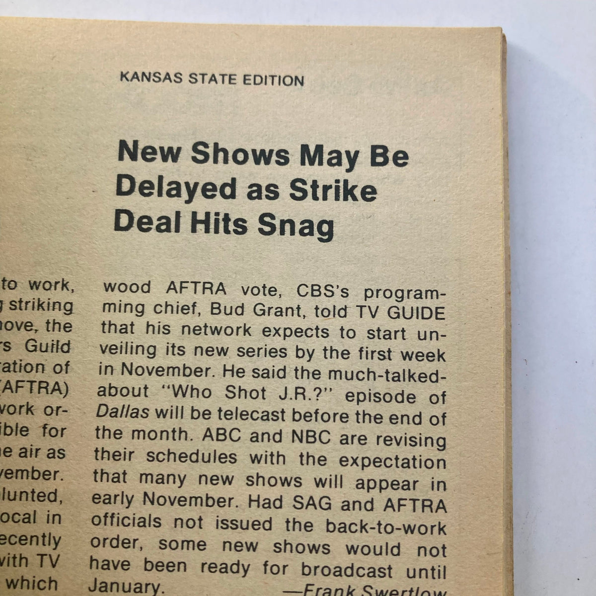 TV Guide Magazine from October 18, 1980 featuring Sophia Loren on the cover, Kansas State Edition. The image includes a section detailing potential delays in new TV shows due to a strike, emphasizing CBS's programming updates and the anticipated airing of popular series.