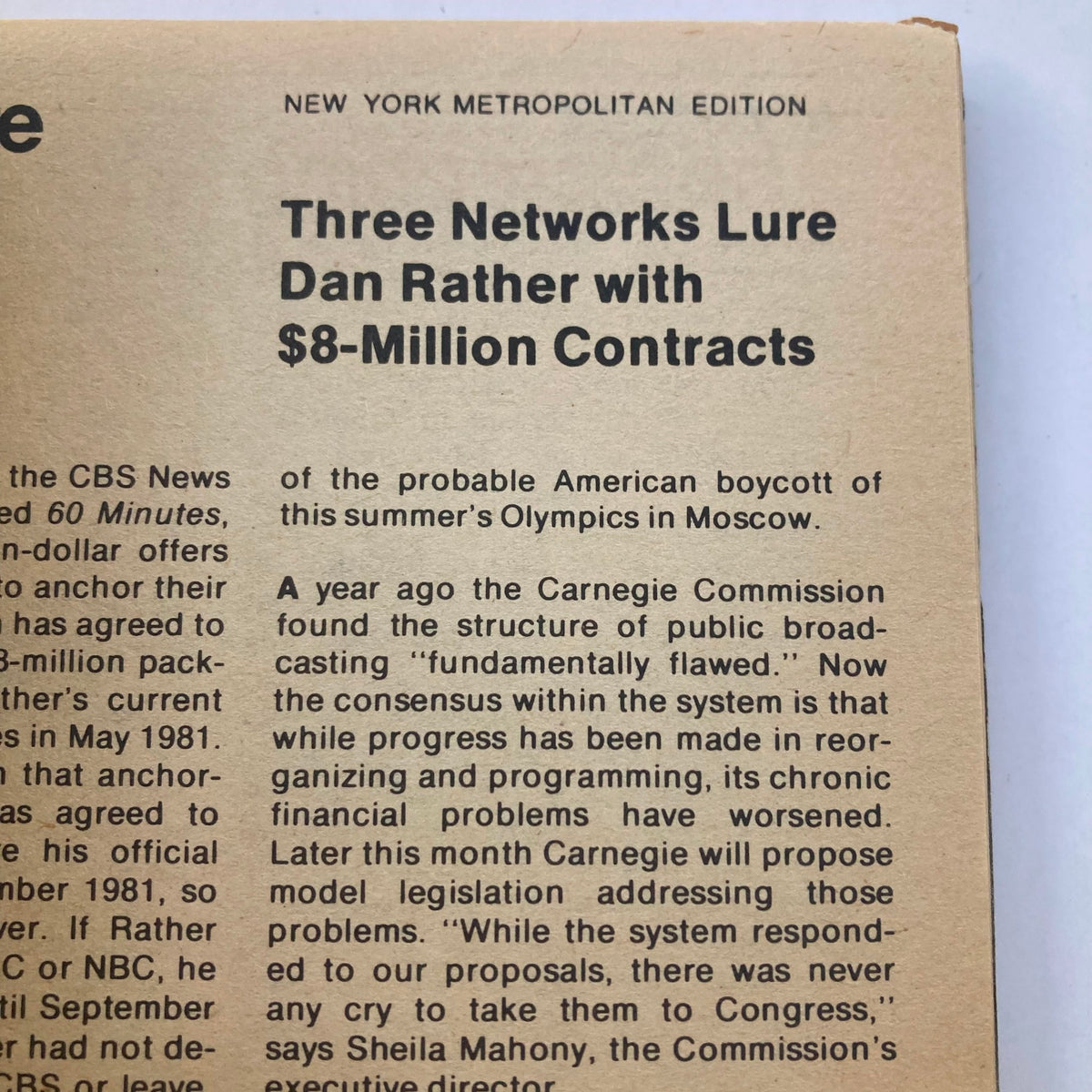 Interior page of TV Guide Magazine February 9 1980, NY Metro Edition, highlighting a feature on Dan Rather's contracts and the summer Olympics, shedding light on broadcasting and media during that era.
