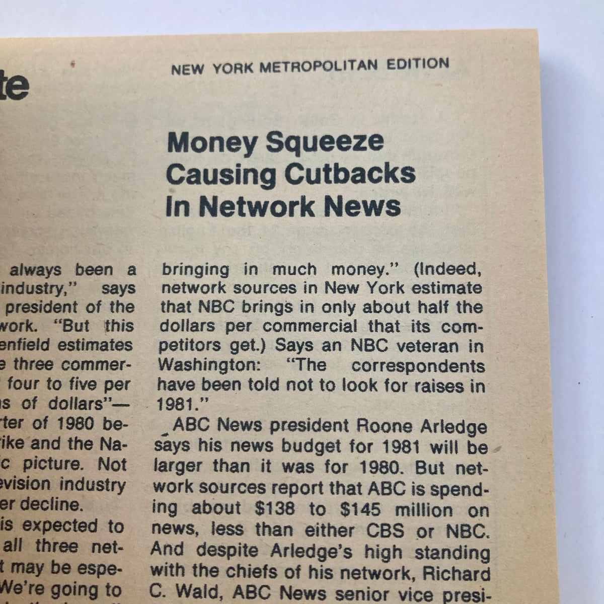 An interior page from the TV Guide Magazine December 27 1980, discussing cuts in network news budgets, part of the New York Metropolitan Edition.