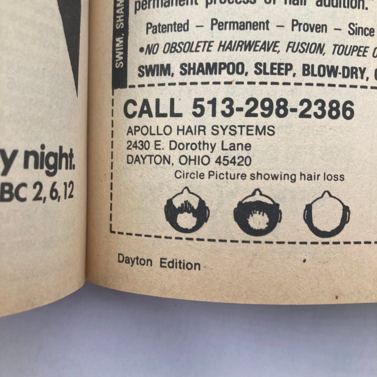 Inside page of TV Guide Magazine from October 20, 1984 displaying an advertisement for Apollo Hair Systems located in Dayton, Ohio.