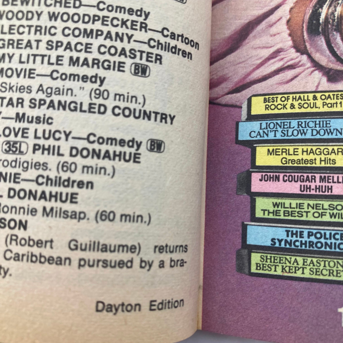 Inside page of the TV Guide Magazine May 19, 1984, illustrating the Dayton Edition programming schedule featuring shows like 'Bewitched', 'I Love Lucy', and 'Phil Donahue'. This page highlights the television programming of that era.