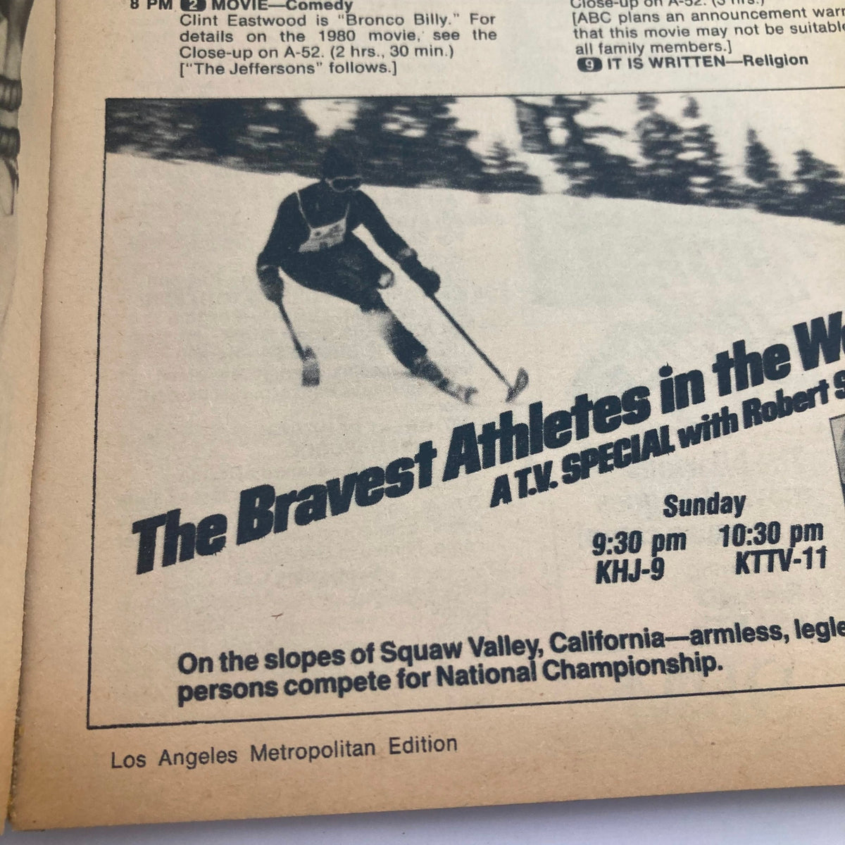 Interior page of TV Guide Magazine from May 7, 1983 showcasing an advertisement for 'The Bravest Athletes in the World'. This page includes information about the TV special featuring competitors on the slopes of Squaw Valley, California, scheduled for Sunday on local channels.
