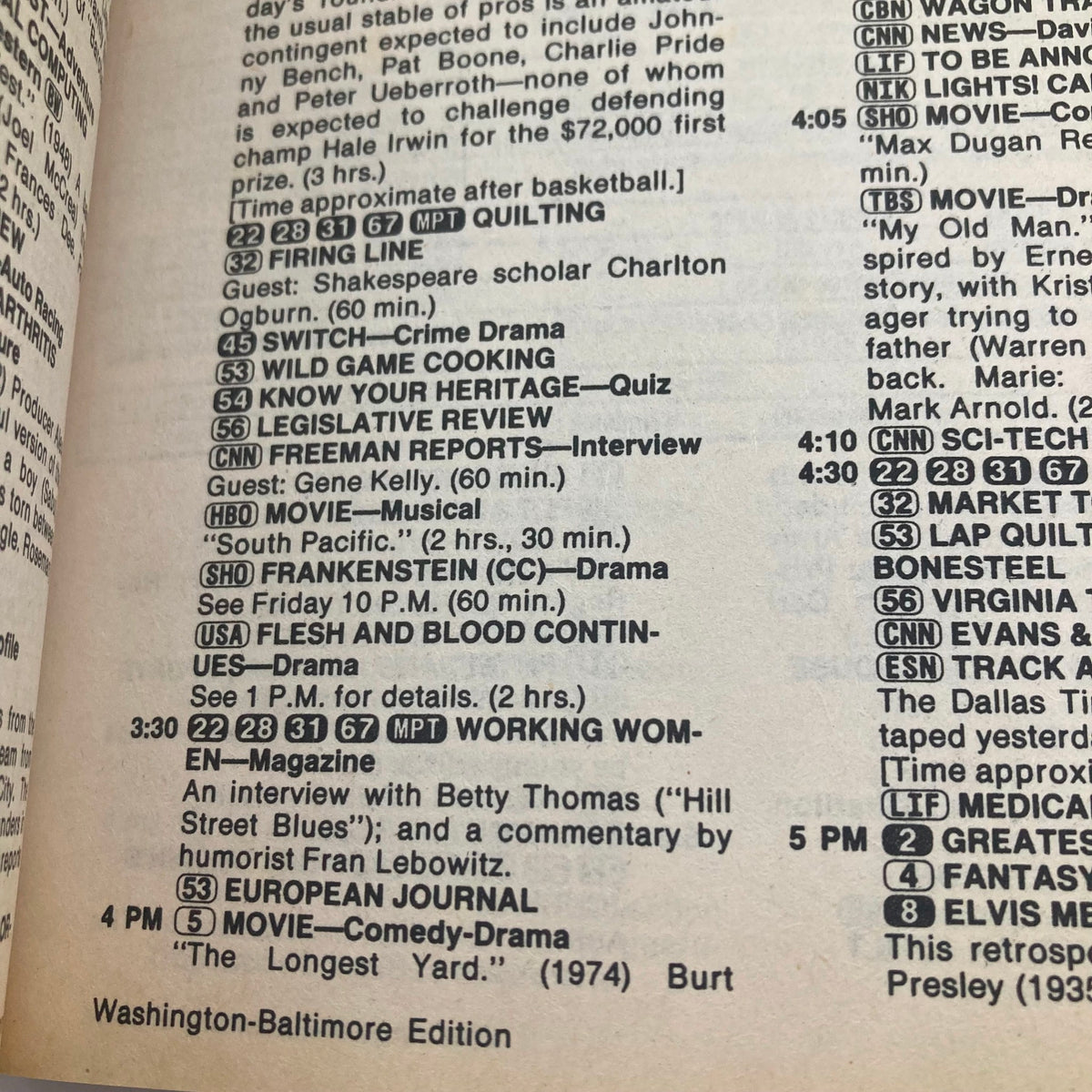 Interior page of TV Guide Magazine February 2 1985 showcasing the programming schedule and listings for the Washington-Baltimore edition, including various shows and movie details.