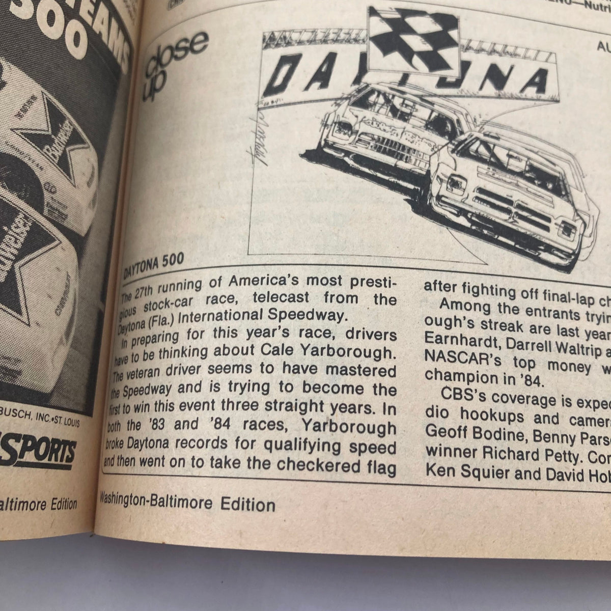 Interior page of TV Guide Magazine February 16 1985 detailing the Daytona 500, highlighting the historic NASCAR event and its significance in American sports history.