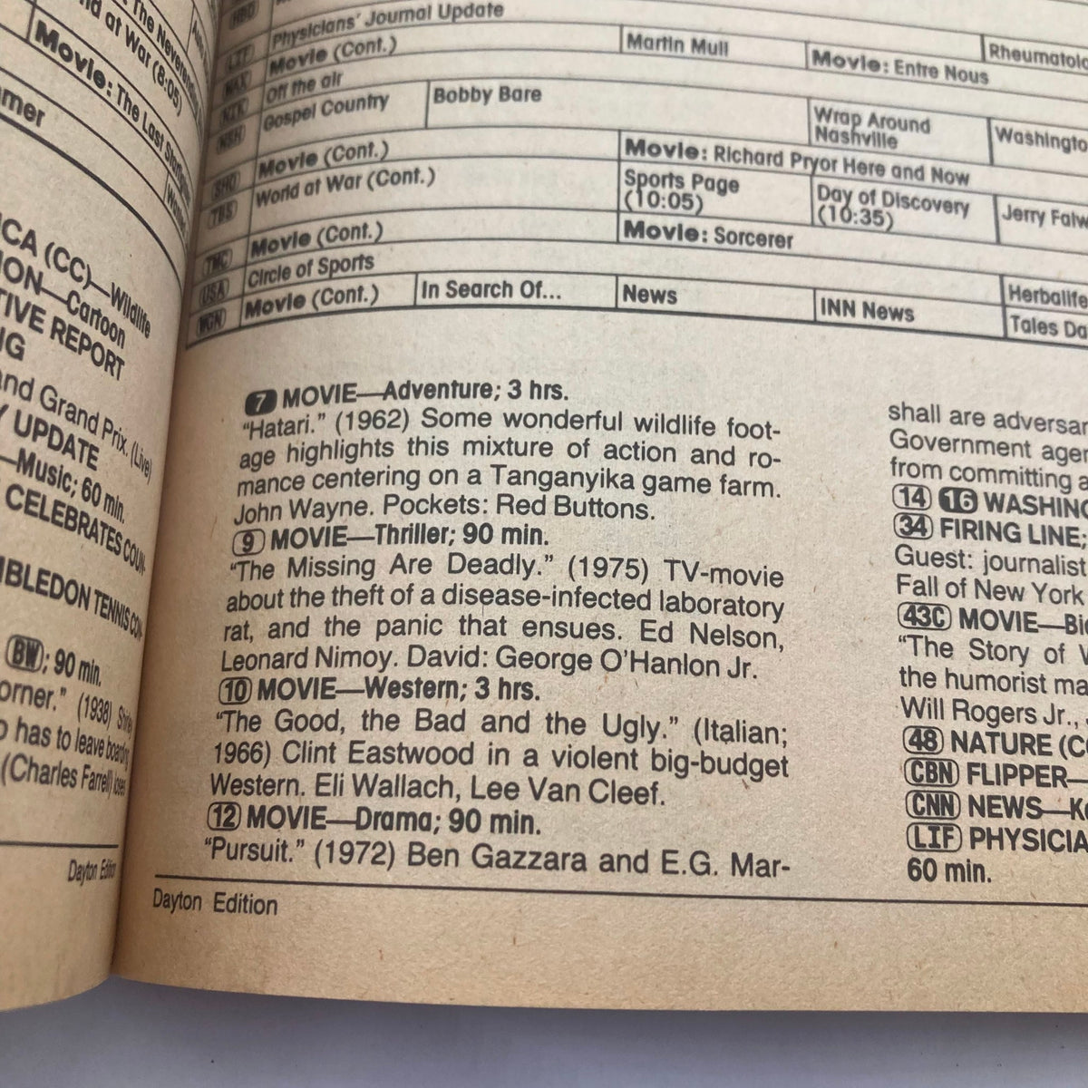 Detailed page from TV Guide Magazine dated July 6, 1985 featuring movie listings including 'Hatari' and 'The Good, the Bad and the Ugly'. This page showcases the editorial content highlighting films from the era, relating to the title 'TV Guide Magazine July 6 1985 Shelley Long, Ted Danson Dayton Ed. No Label'.
