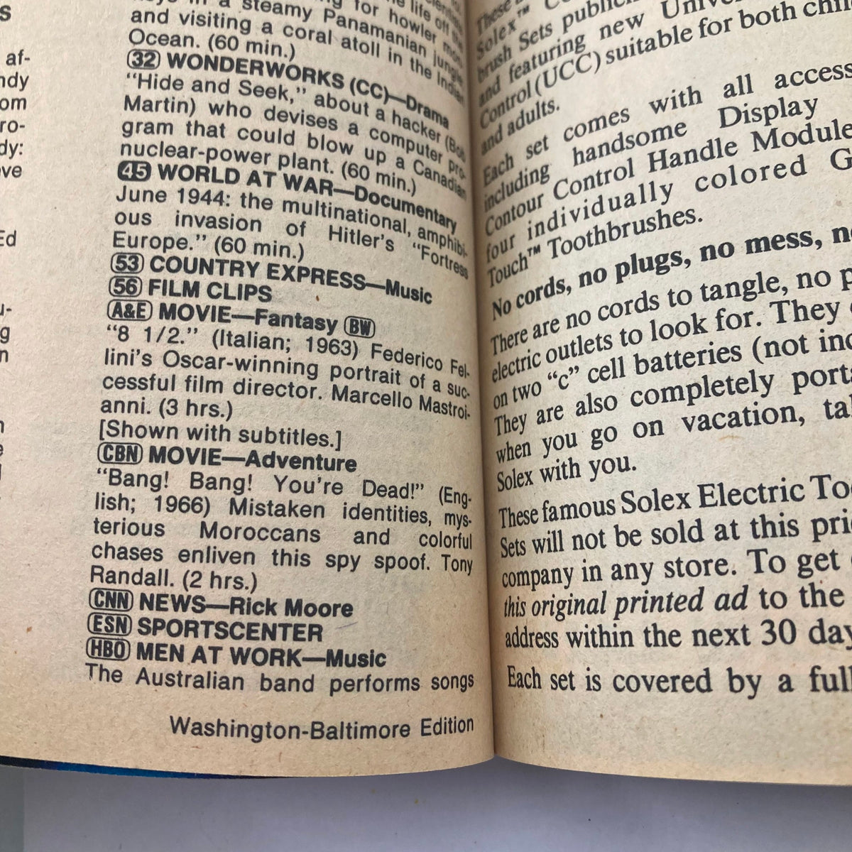TV Guide Magazine January 12 1985 featuring listings for classic shows including Wonderworks, World at War, and various movies. The page showcases detailed program summaries from the Washington-Baltimore edition.