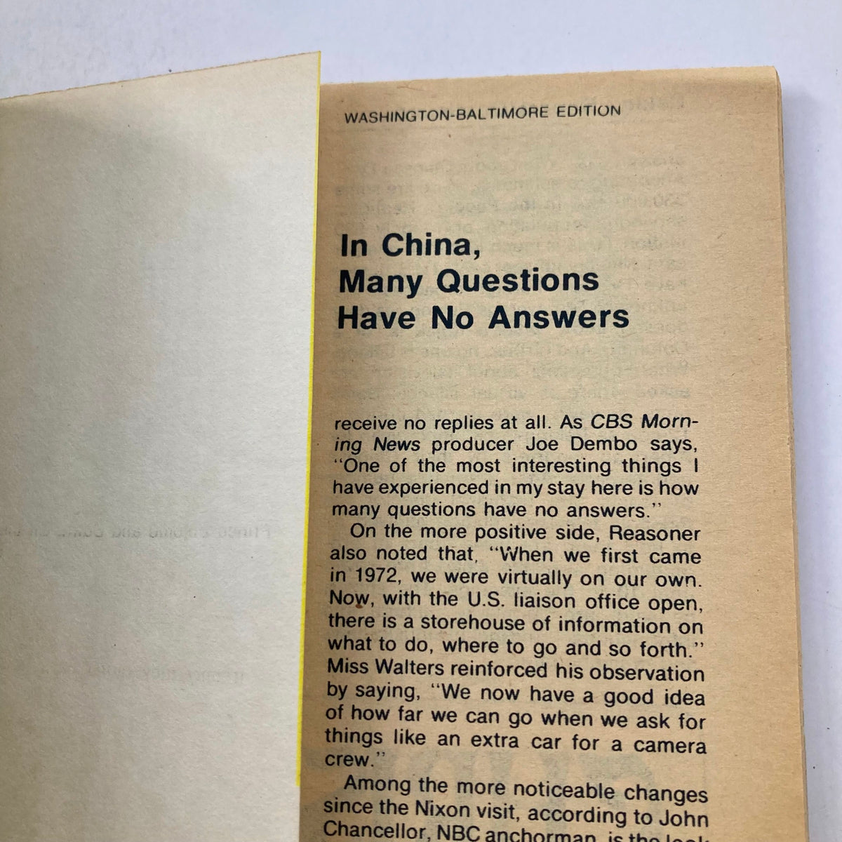 Interior page from the TV Guide Magazine December 13, 1975 issue #1184 featuring an article titled 'In China, Many Questions Have No Answers', highlighting the experiences of CBS Morning News producer Joe Dembo.