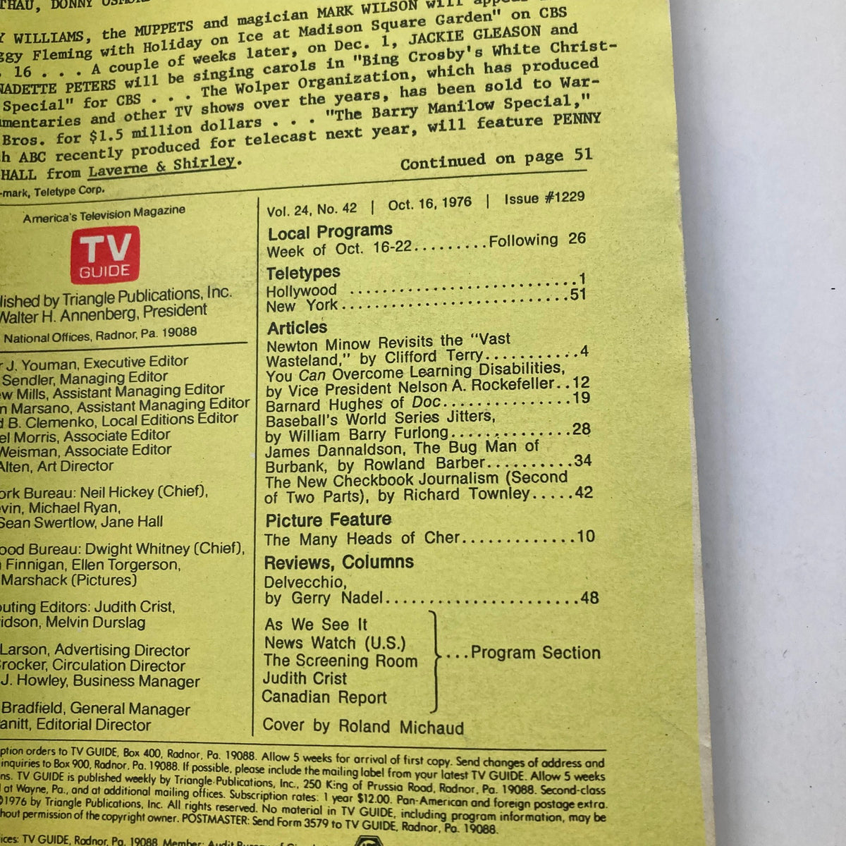 Inside page of TV Guide Magazine October 16 1976, Issue #1229, showcasing articles and programs for the week, including information on coverage of Hollywood and New York.