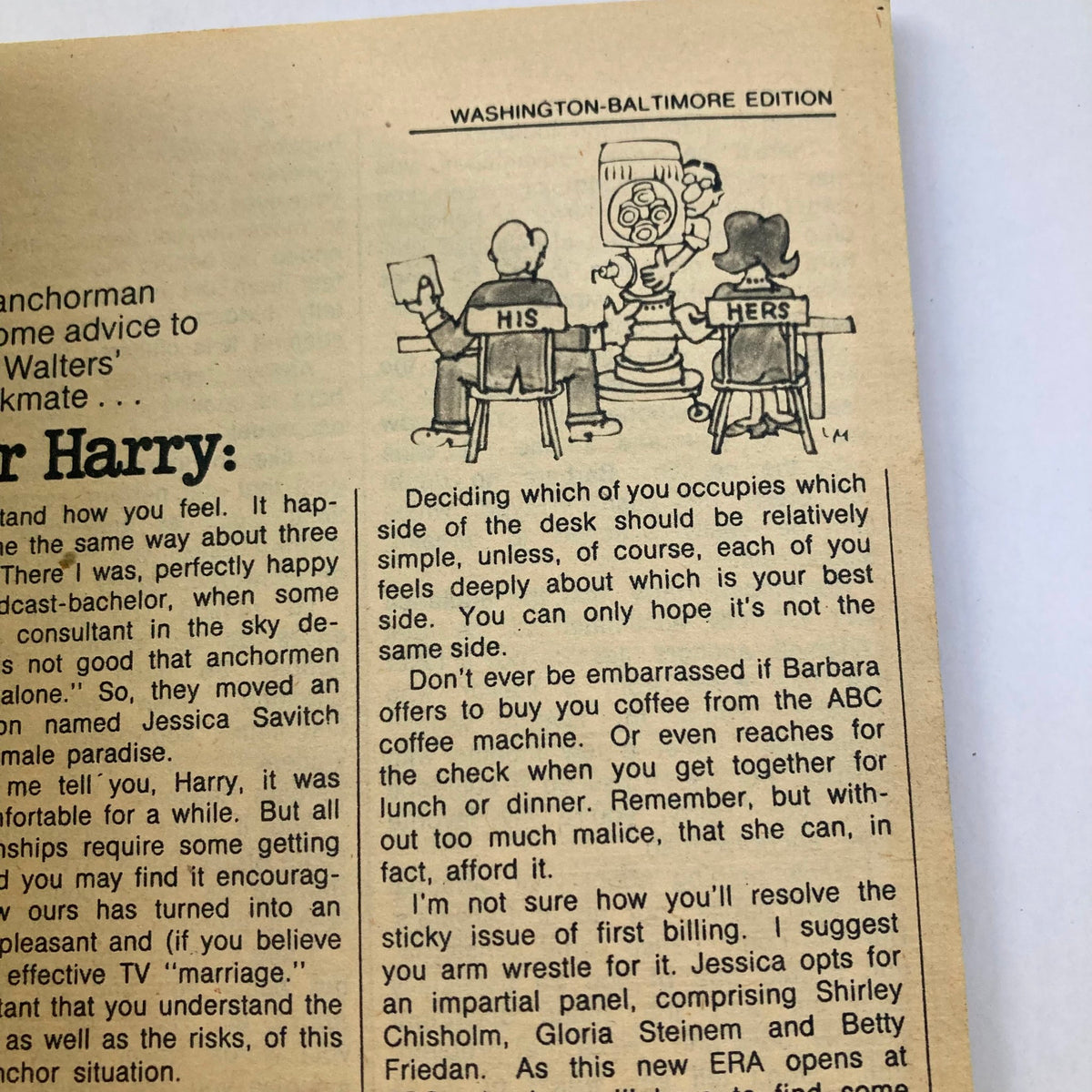 Close-up of a humorous article in TV Guide Magazine October 16 1976, Issue #1229, titled 'His and Hers', discussing relationships in a comedic tone.