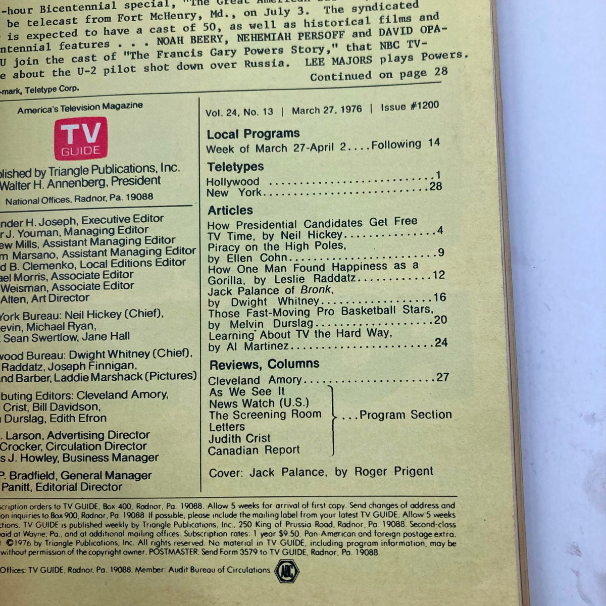TV Guide Magazine March 27 1976 #1200 Jack Palance WA-Baltimore Ed.