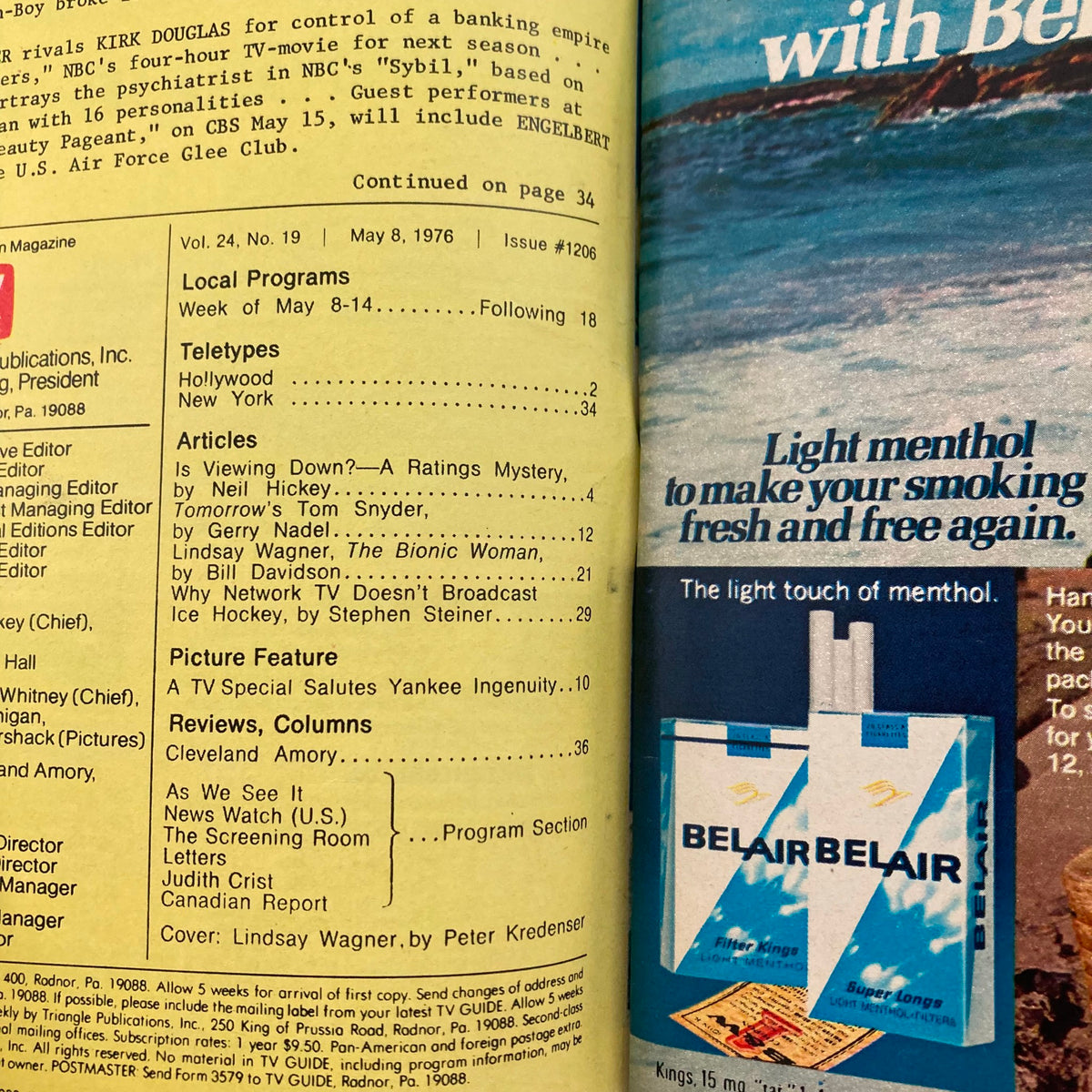 Interior page of TV Guide Magazine May 8, 1976 issue #1206, displaying program listings and articles including one on Lindsay Wagner from 'The Bionic Woman'.