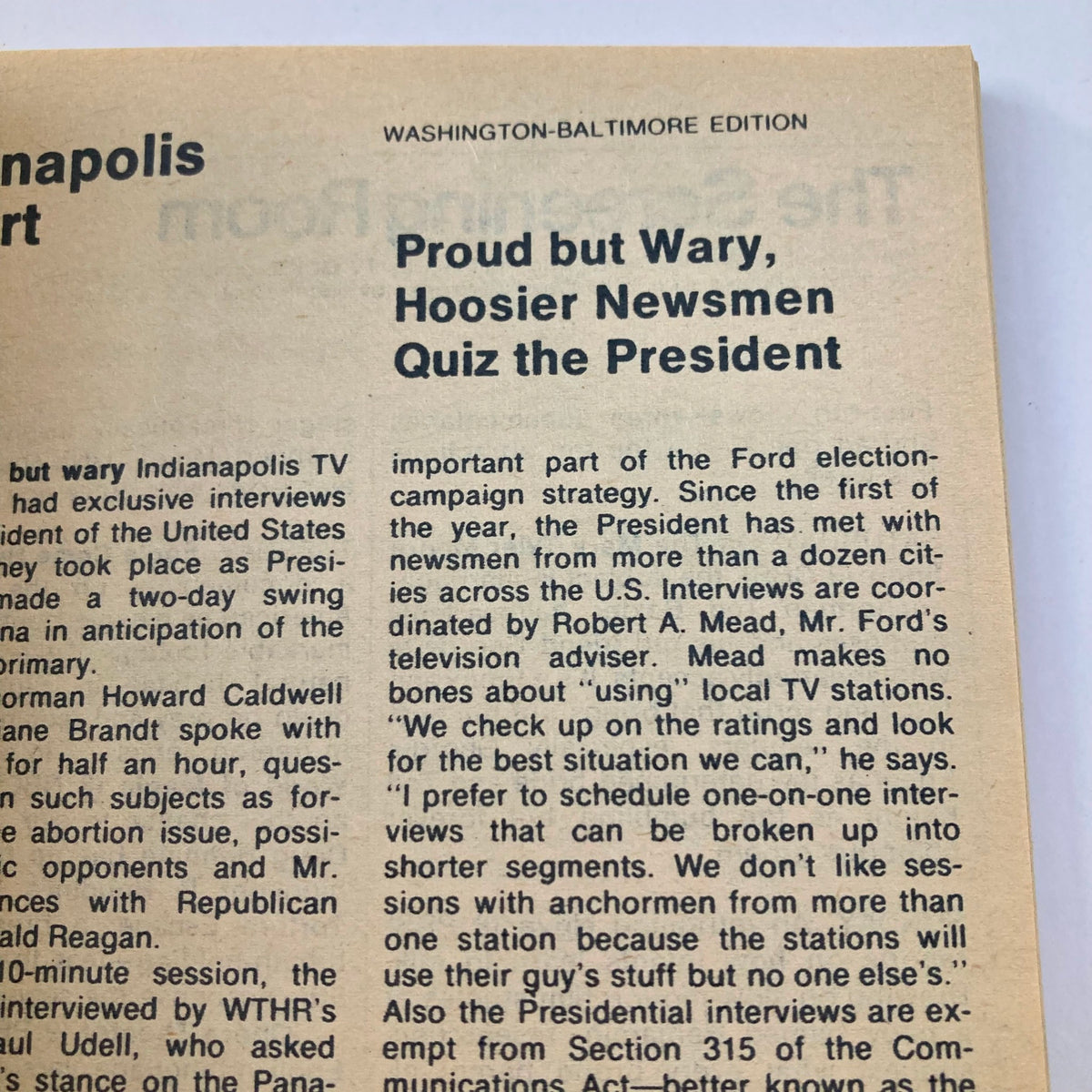 A feature page from TV Guide Magazine May 8, 1976 issue #1206, titled 'Proud but Wary, Hoosier Newsmen Quiz the President', discussing local news and presidential strategies.