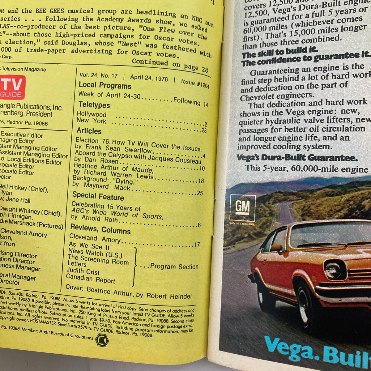 Inside page of TV Guide Magazine April 24 1976 #1204 showcasing the contents, with an article about Beatrice Arthur of 'Maude', local program listings, and advertisements including a feature on the Vega car.
