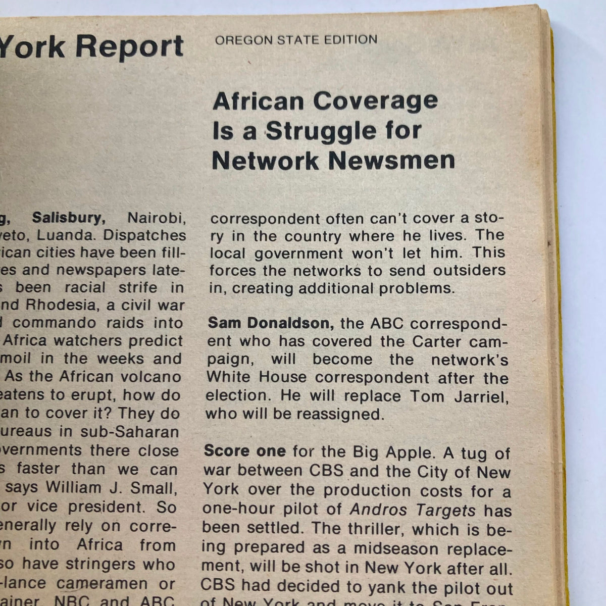 Oregon State Edition page from TV Guide Magazine August 21 1976 #1221, discussing challenges in network news coverage, emphasizing the significance of the magazine in understanding television dynamics.