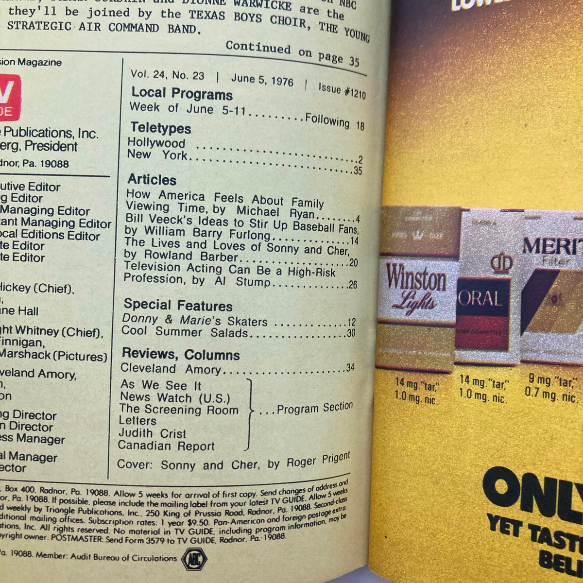TV Guide Magazine June 5 1976 #1210 Sonny and Cher Minneapolis-St. Paul Ed.