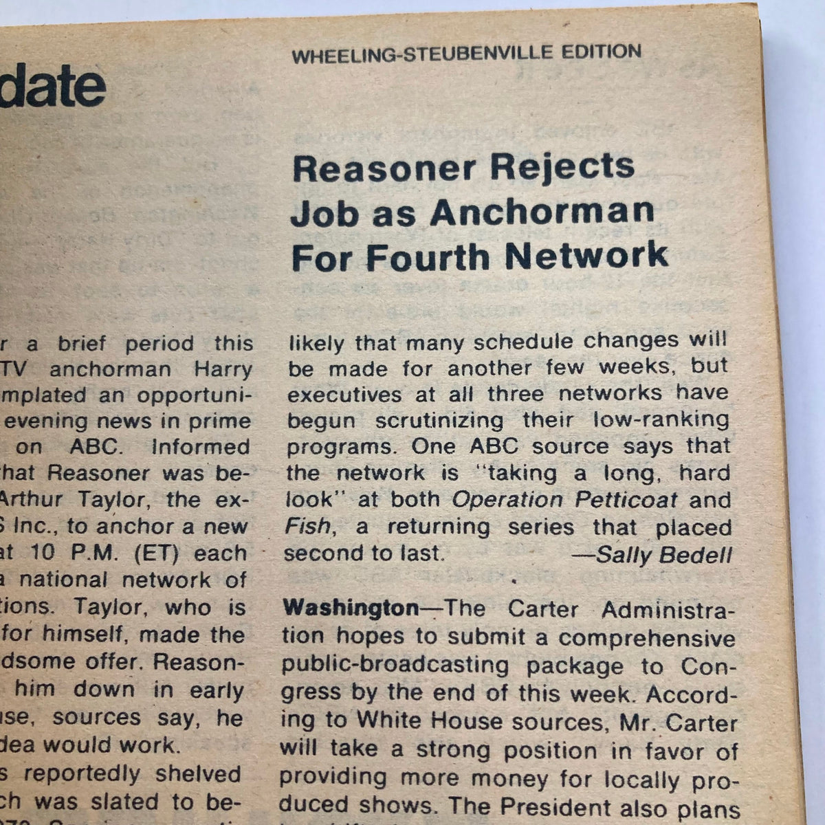 Interior page of TV Guide Magazine October 1, 1977, featuring an article titled 'Reasoner Rejects Job as Anchorman For Fourth Network.' The page discusses television scheduling and programming changes in 1970s television, providing insights into entertainment industry dynamics of that era.