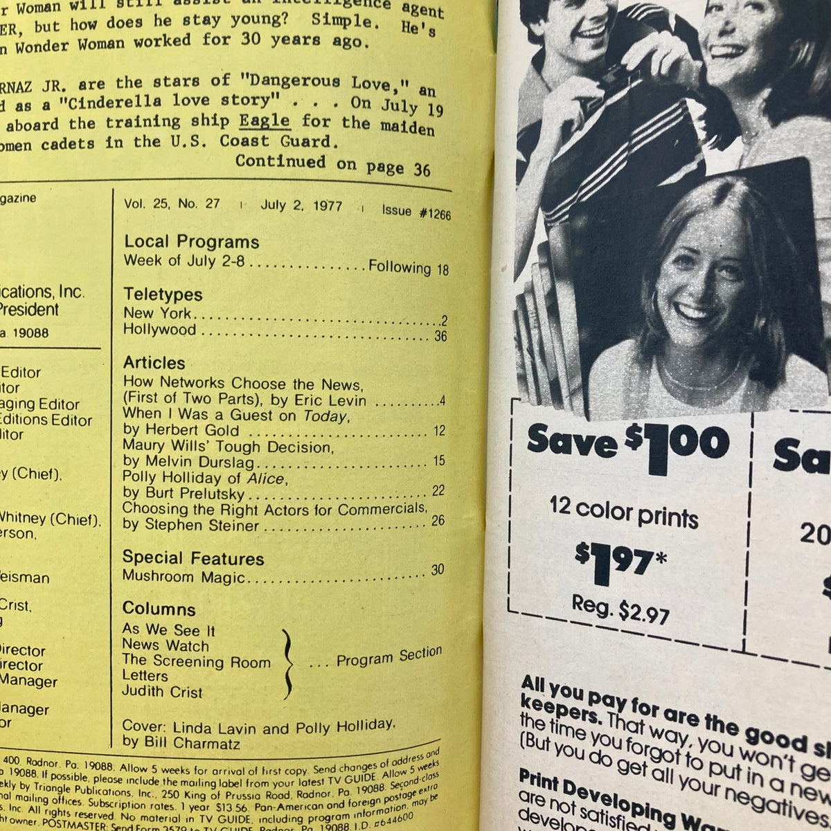 Inside page of TV Guide Magazine dated July 2, 1977 displaying articles and features including Linda Lavin and Polly Holliday, along with programming information.