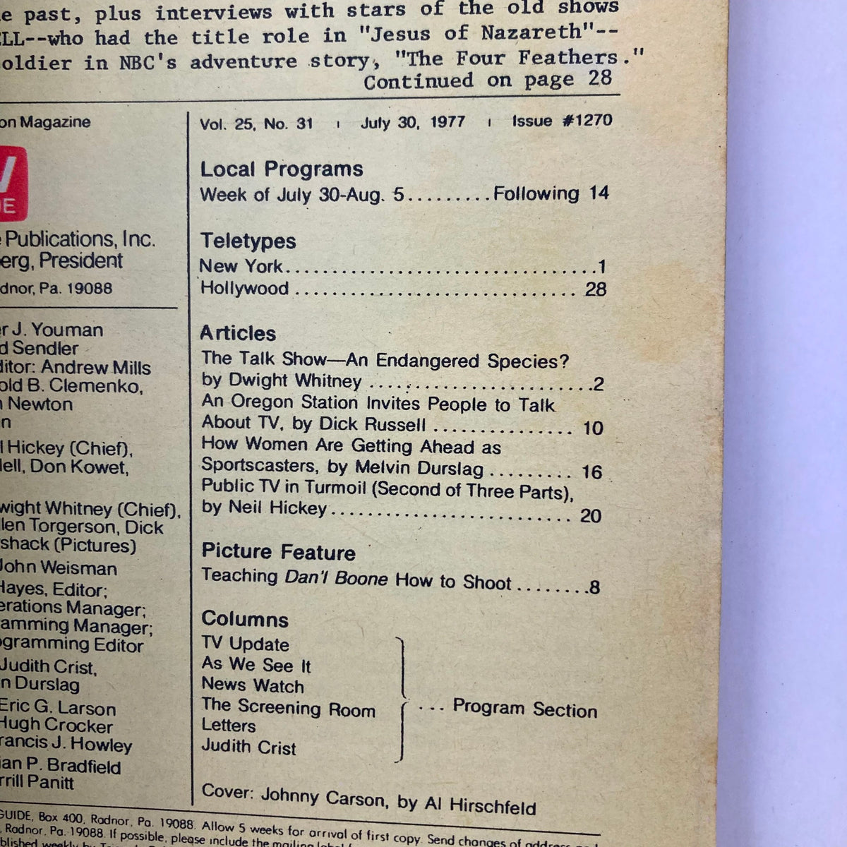 Inside page of TV Guide Magazine July 30 1977, Issue #1270 detailing local program listings and articles, including 'The Talk Show—An Endangered Species?'