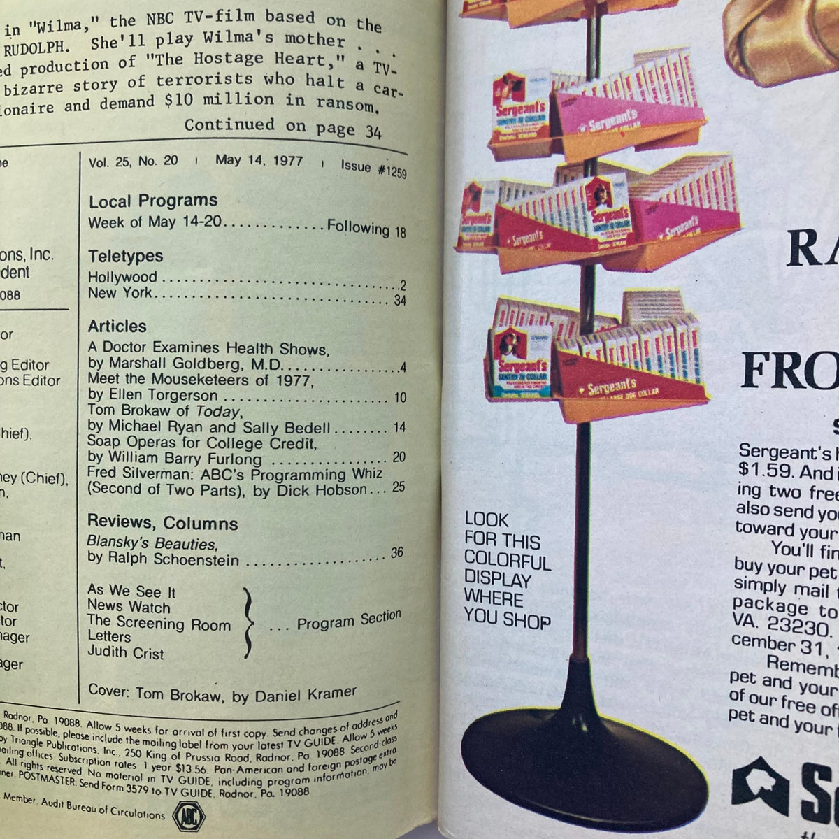 Image showing the contents of TV Guide Magazine May 14 1977 #1259, featuring local programs and articles including Tom Brokaw of Today. Also includes a promotional display for Sergeant's pet products.
